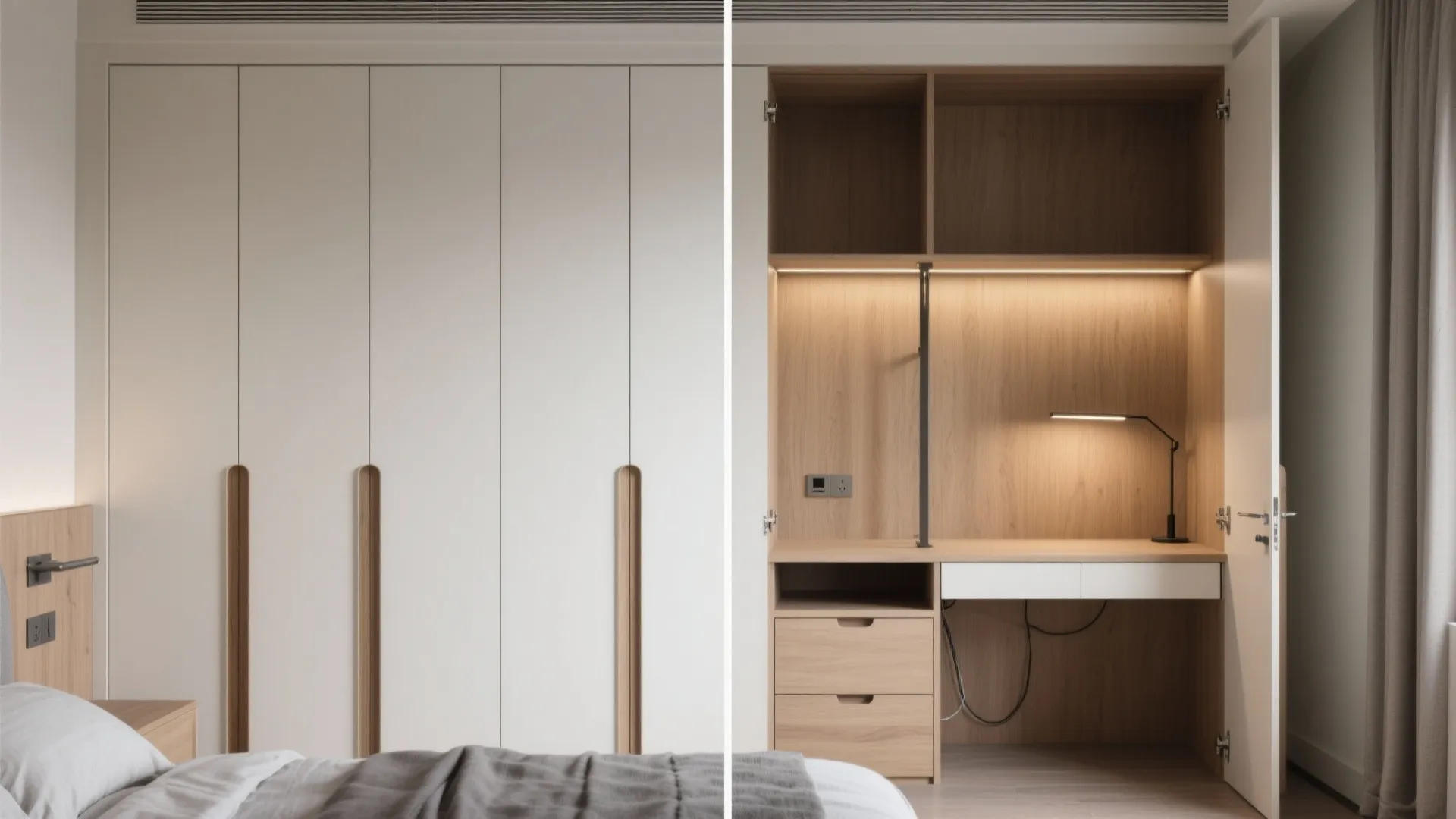 Before and after comparison of a closed white wardrobe and a hidden wooden desk workspace