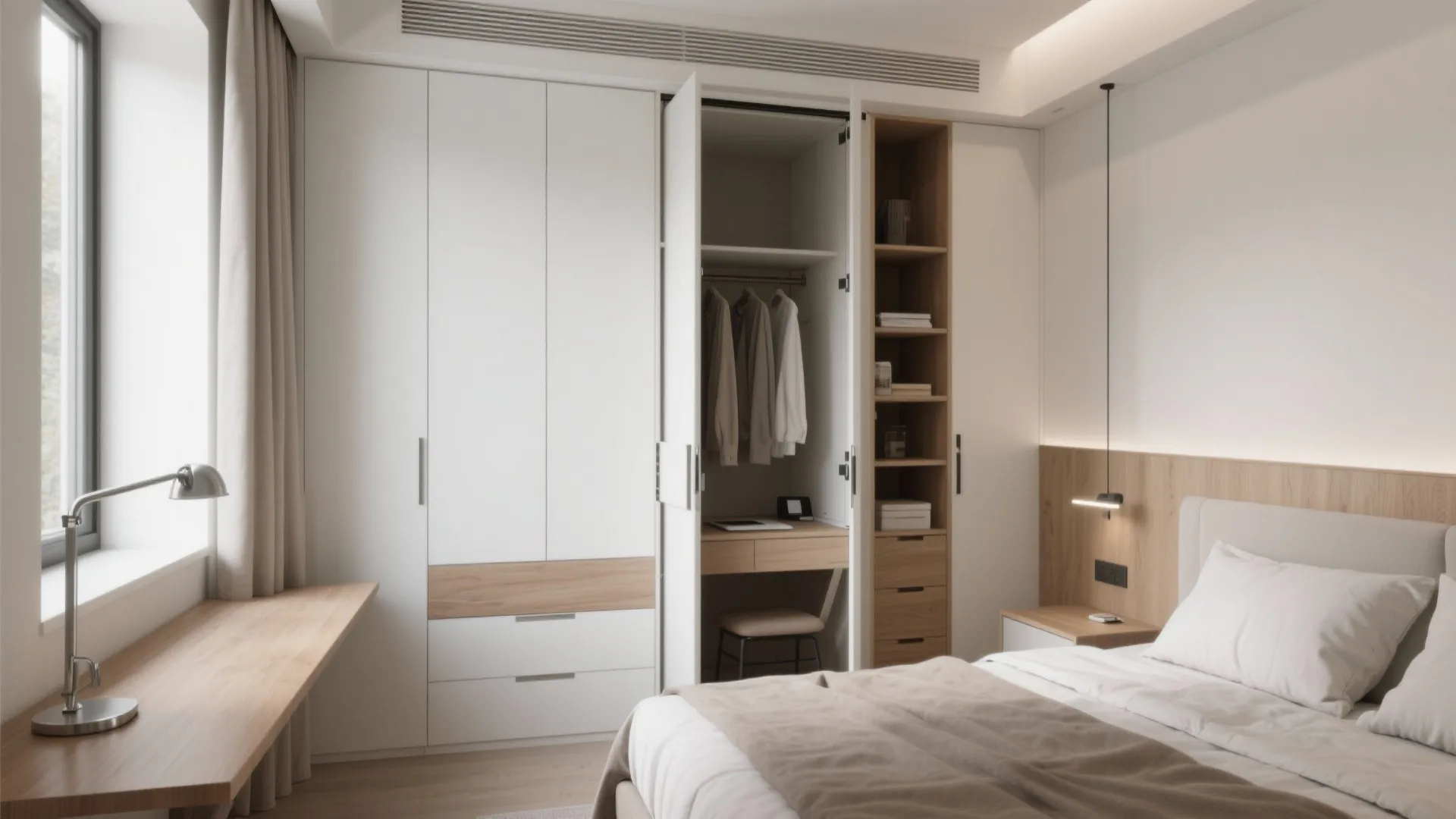 Modern bedroom with white cabinet desk combo wooden panels large window and neutral bedding set