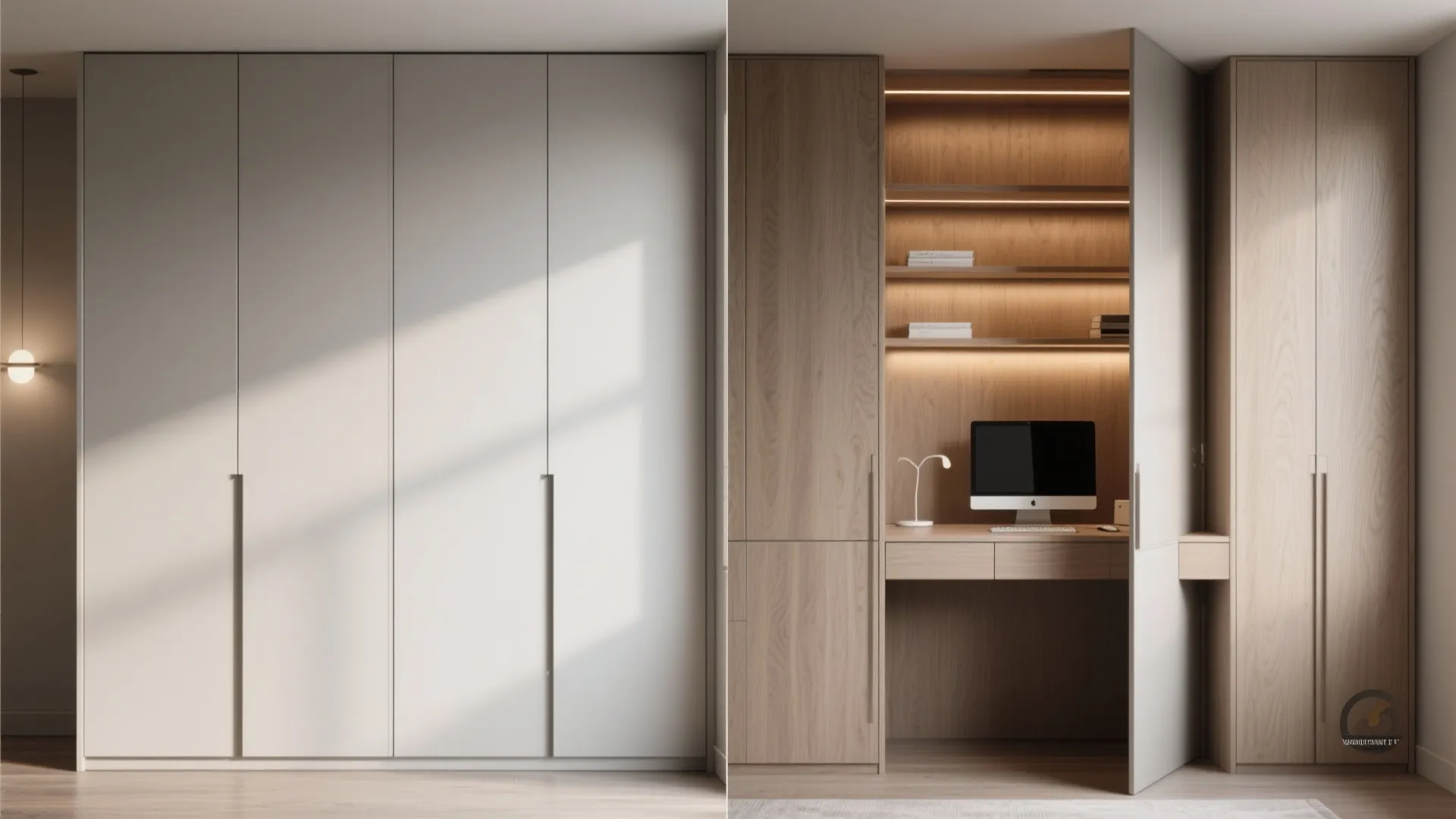 Comparison of a closed white cabinet and an open cabinet revealing a hidden home office