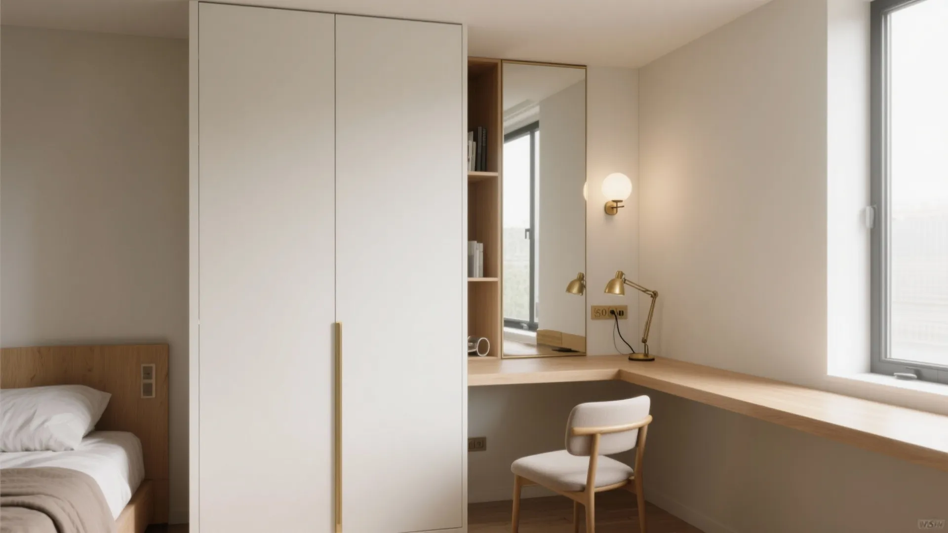Bedroom interior design with white cabinet wooden corner desk chair mirror and a wall light
