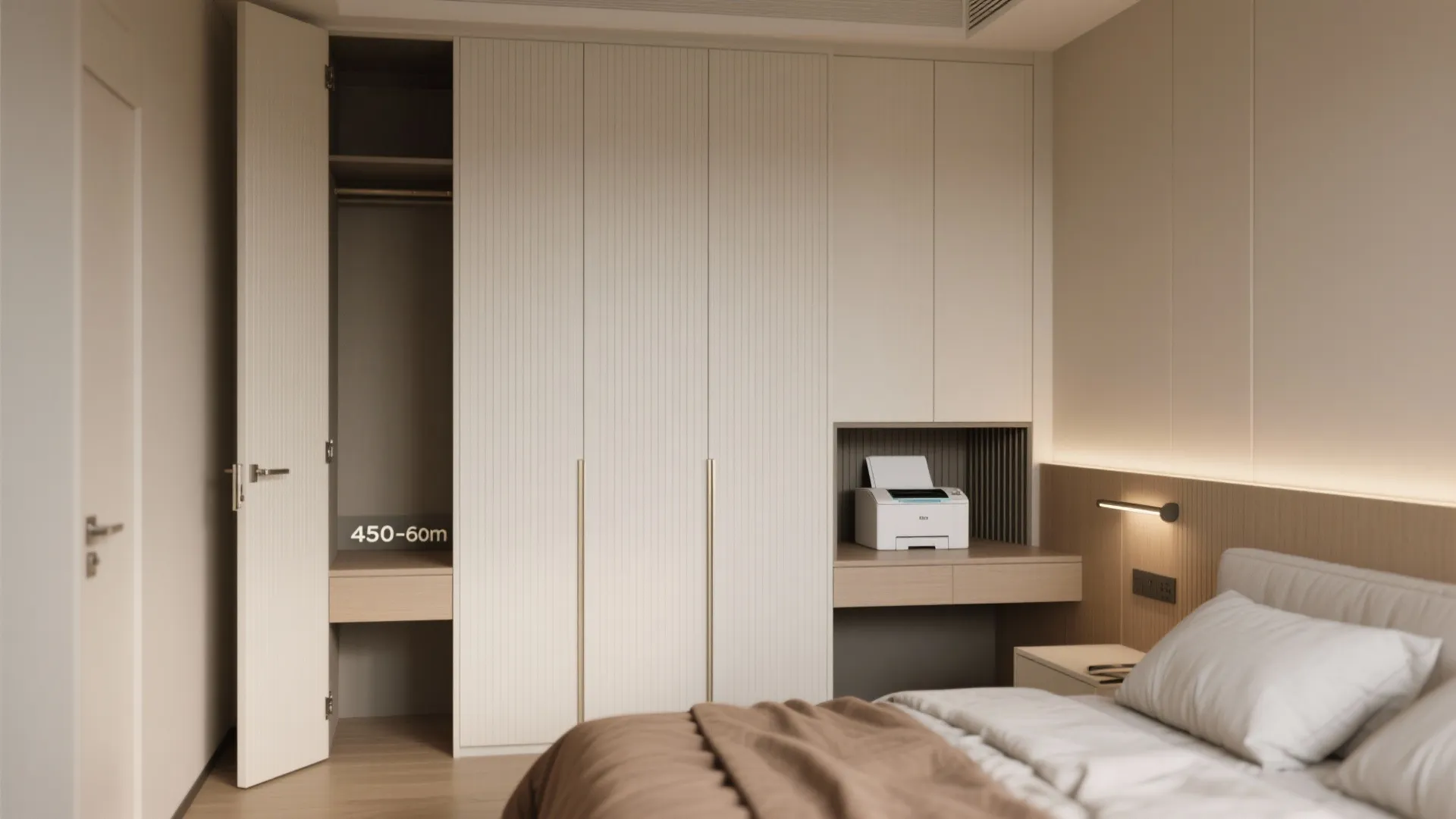 Wardrobe wall with concealed desk