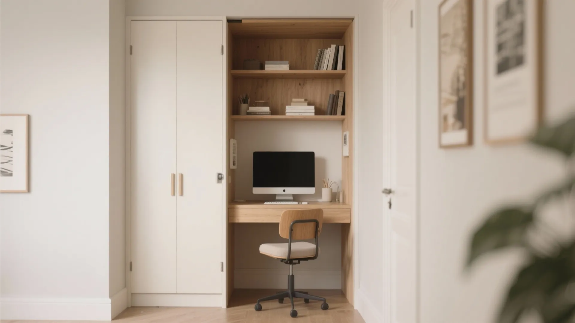 Built in wooden desk nook with computer chair shelves and white wardrobe in small room