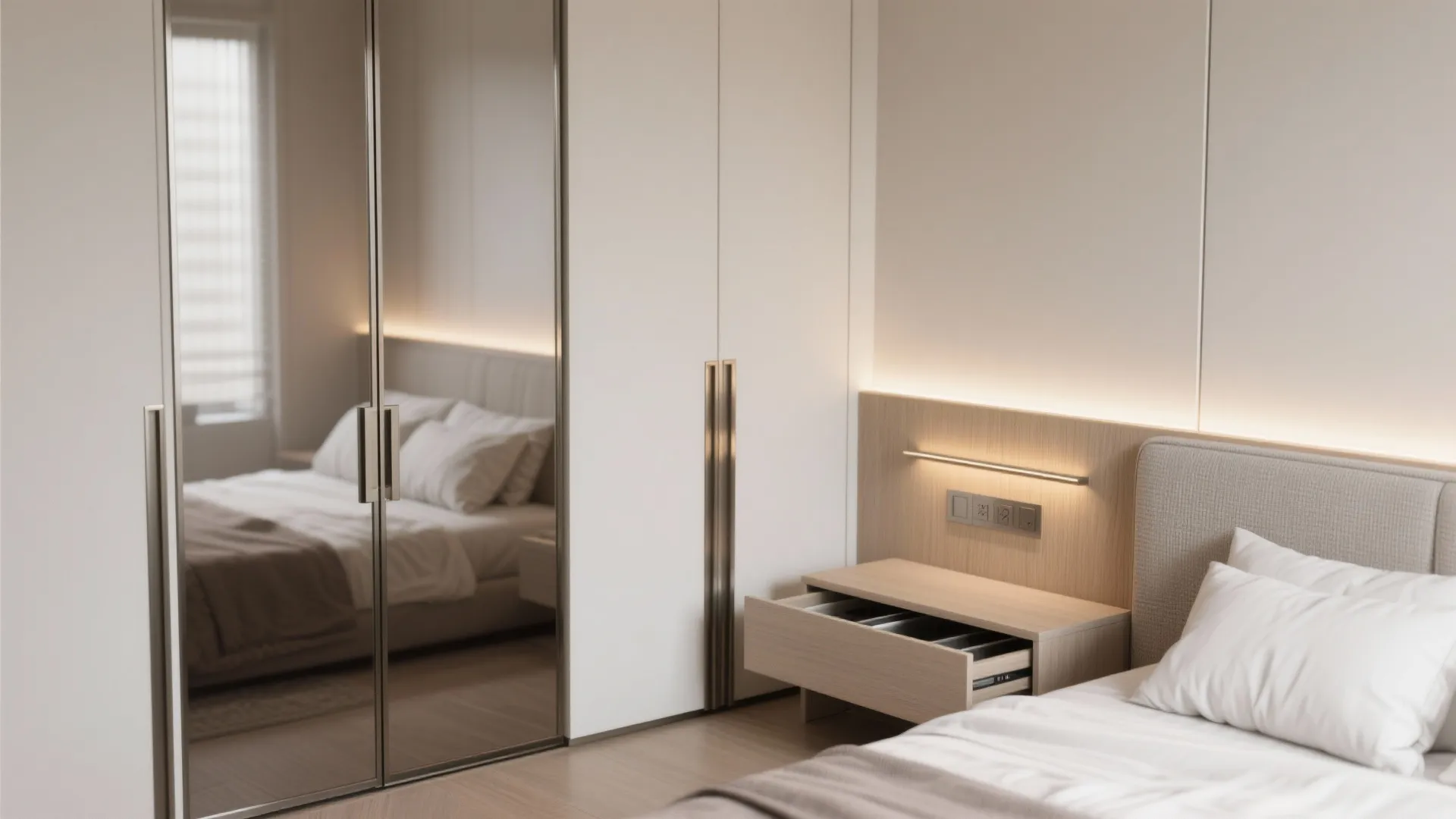 Wardrobe walls, under-bed drawers, and a serene bedroom palette