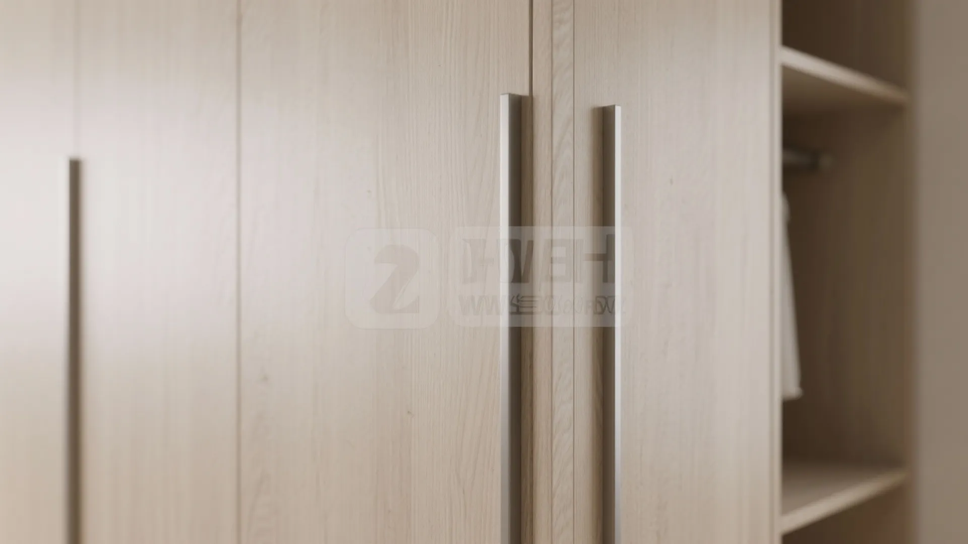 Macro of minimalist wardrobe laminate and hardware showing slim doors, soft-close hinge, and discreet pull.