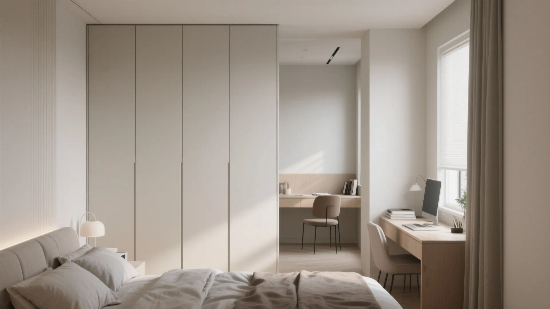 Neutral bedroom with large white cabinet used as room divider near a small home office