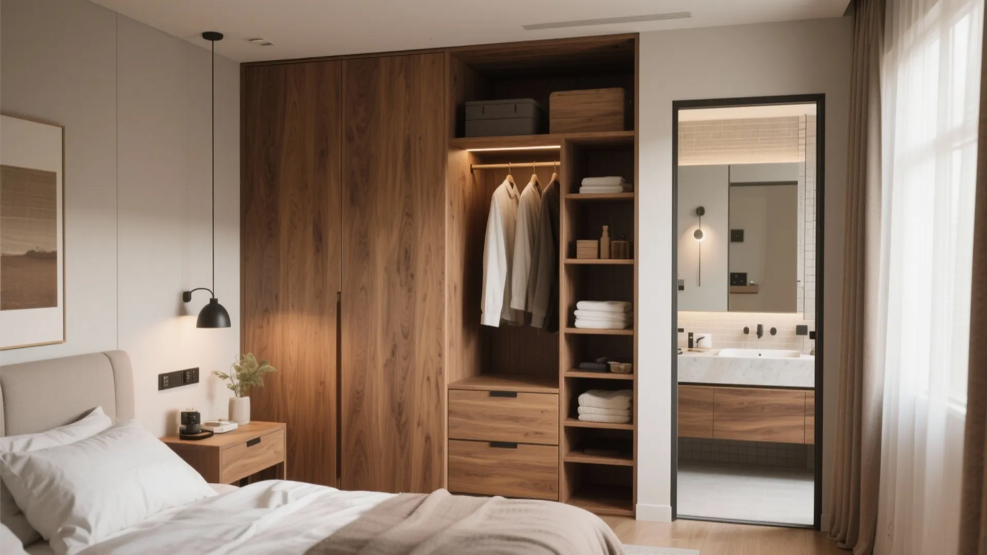 Modern wood wardrobe in bedroom with open shelves and view into a clean ensuite bathroom