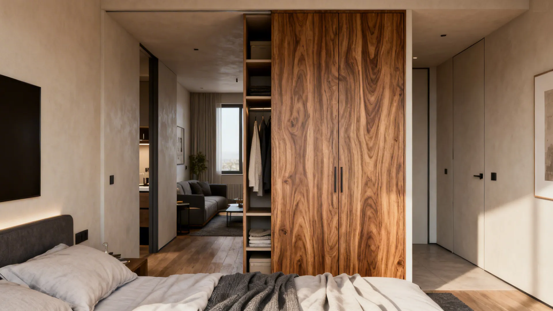 Wardrobe used as a functional room divider at the foot of a bed in a small studio.