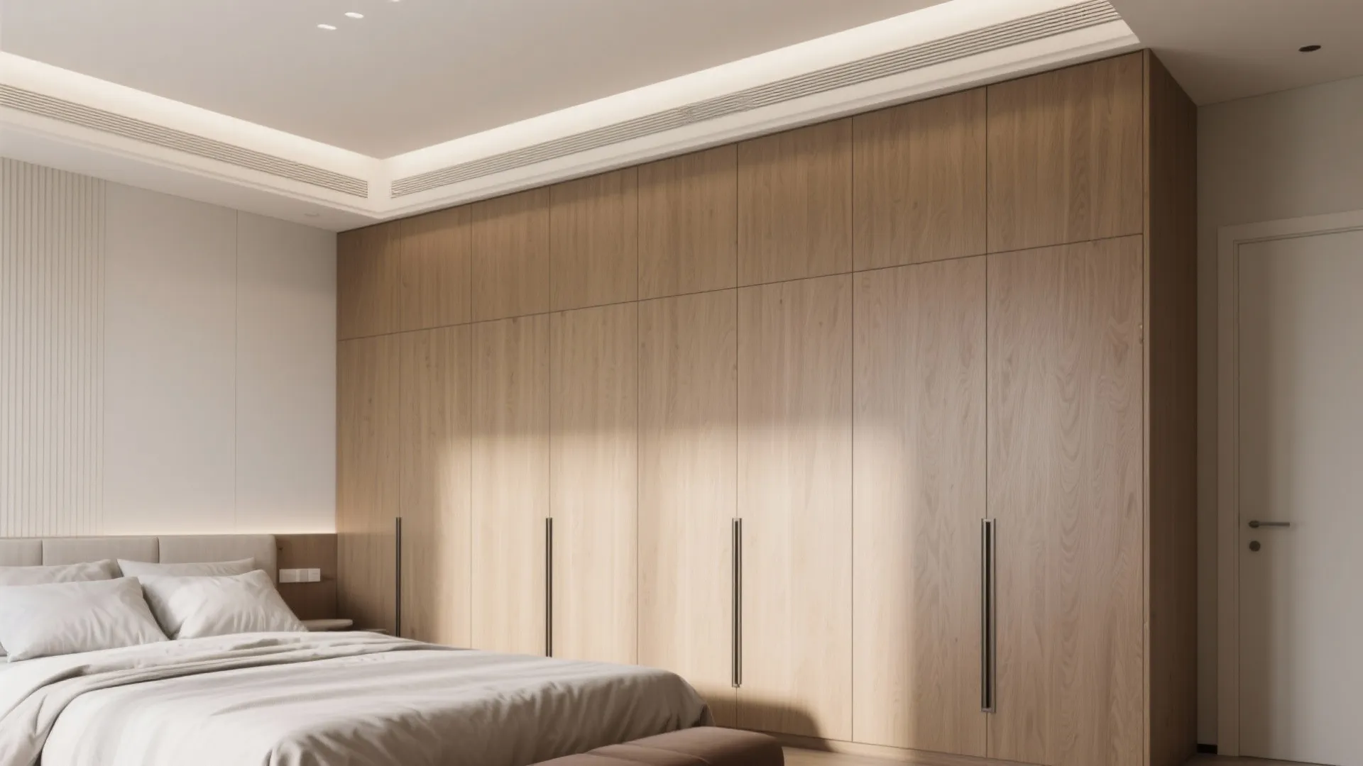 Large wooden wall cabinet built into a minimalist bedroom with soft grey bedding and white walls