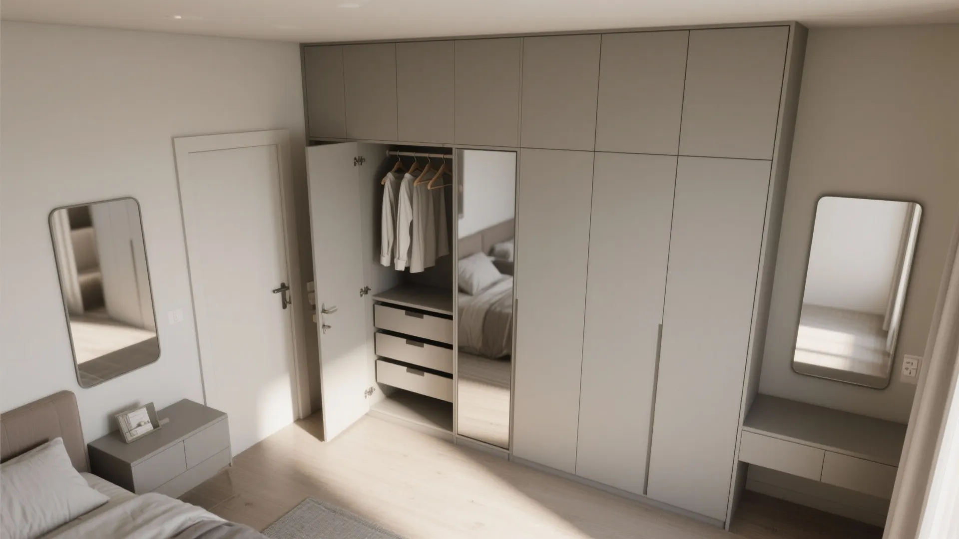 Large beige wardrobe with open door showing hanging white shirts and drawers in a modern bedroom