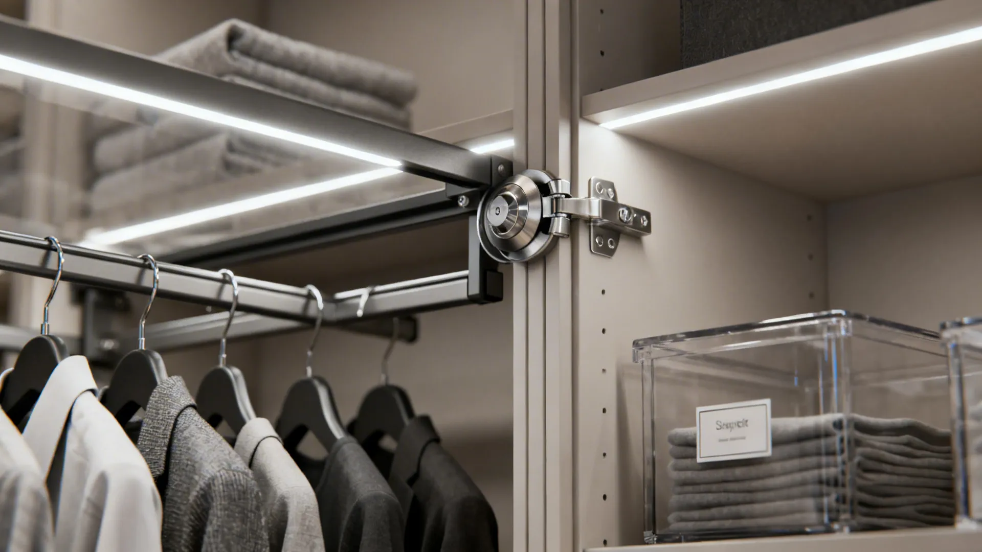 Close-up of wardrobe fittings including LED strips, pull-out rails and labeled clear boxes.