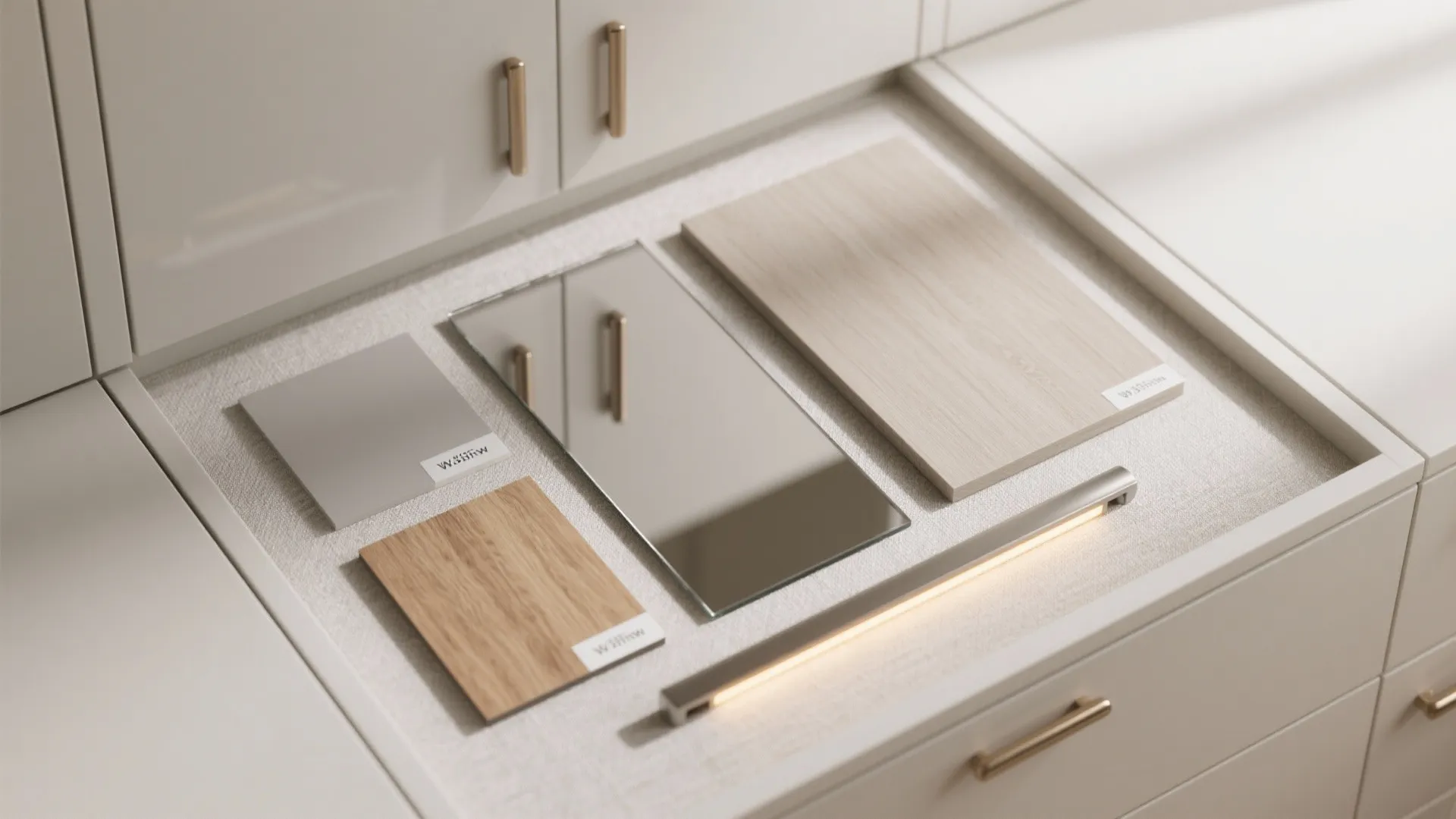 Interior design material board with wood samples mirror piece and light fixture inside a cabinet