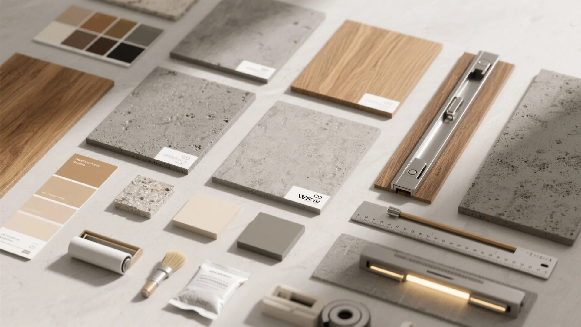Interior design materials including wood panels stone tiles color swatches and metal hardware on white table