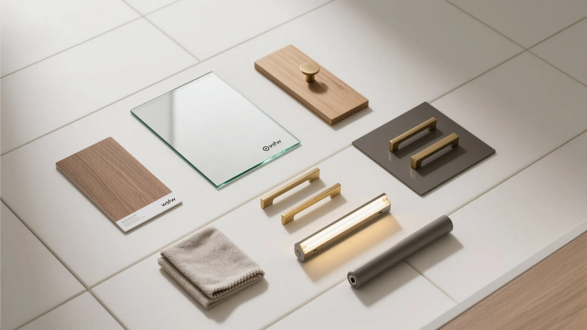 Cabinet materials flat lay with wood samples glass panel gold handles light fixture and grey cloth