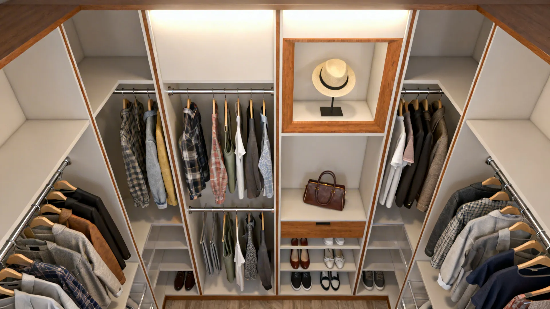 Top-down wardrobe layout with double-hang zones, display niche, and organized shelves.