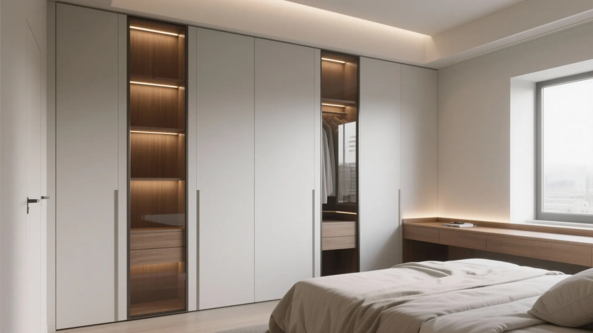 Minimalist white bedroom wardrobe featuring wood shelves, glass doors, light fixtures, and a long desk