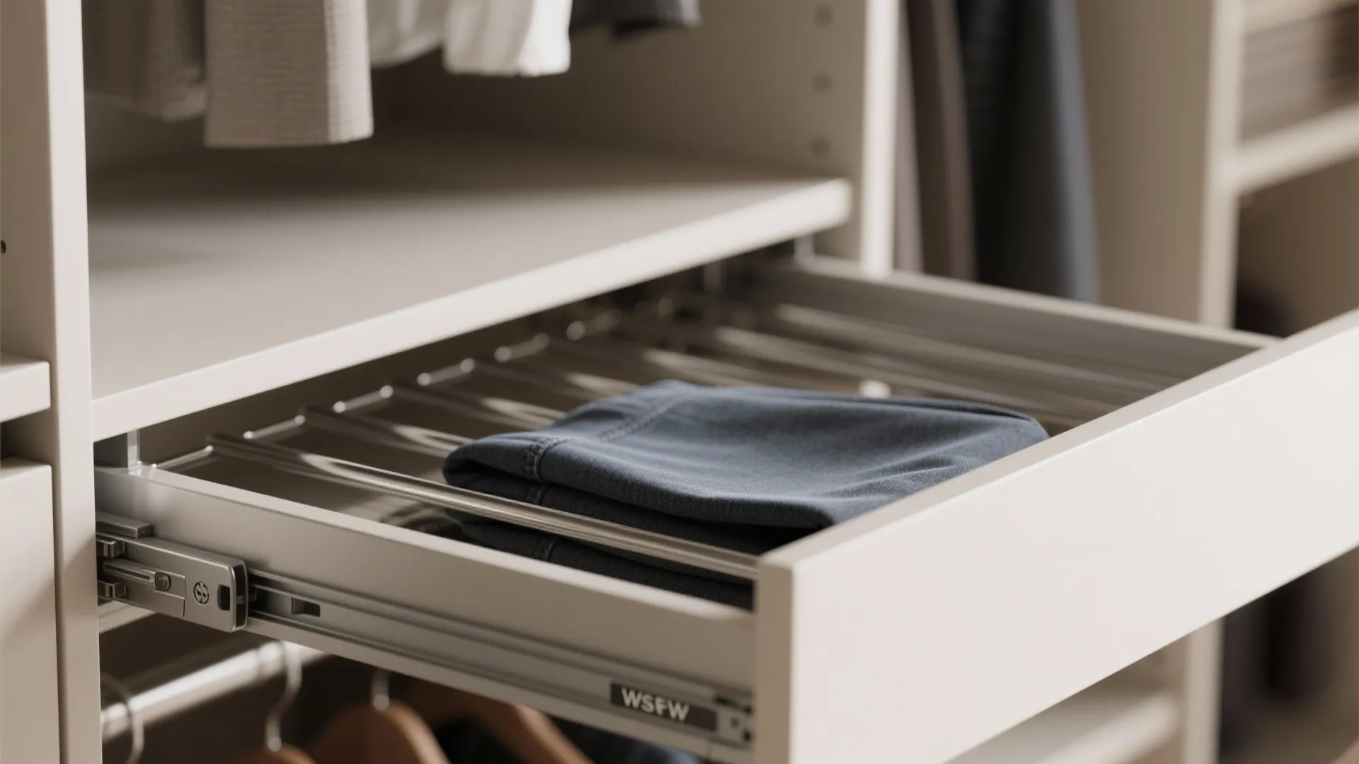 Pull out wardrobe drawer with metal rods holding folded blue pants in a white closet system