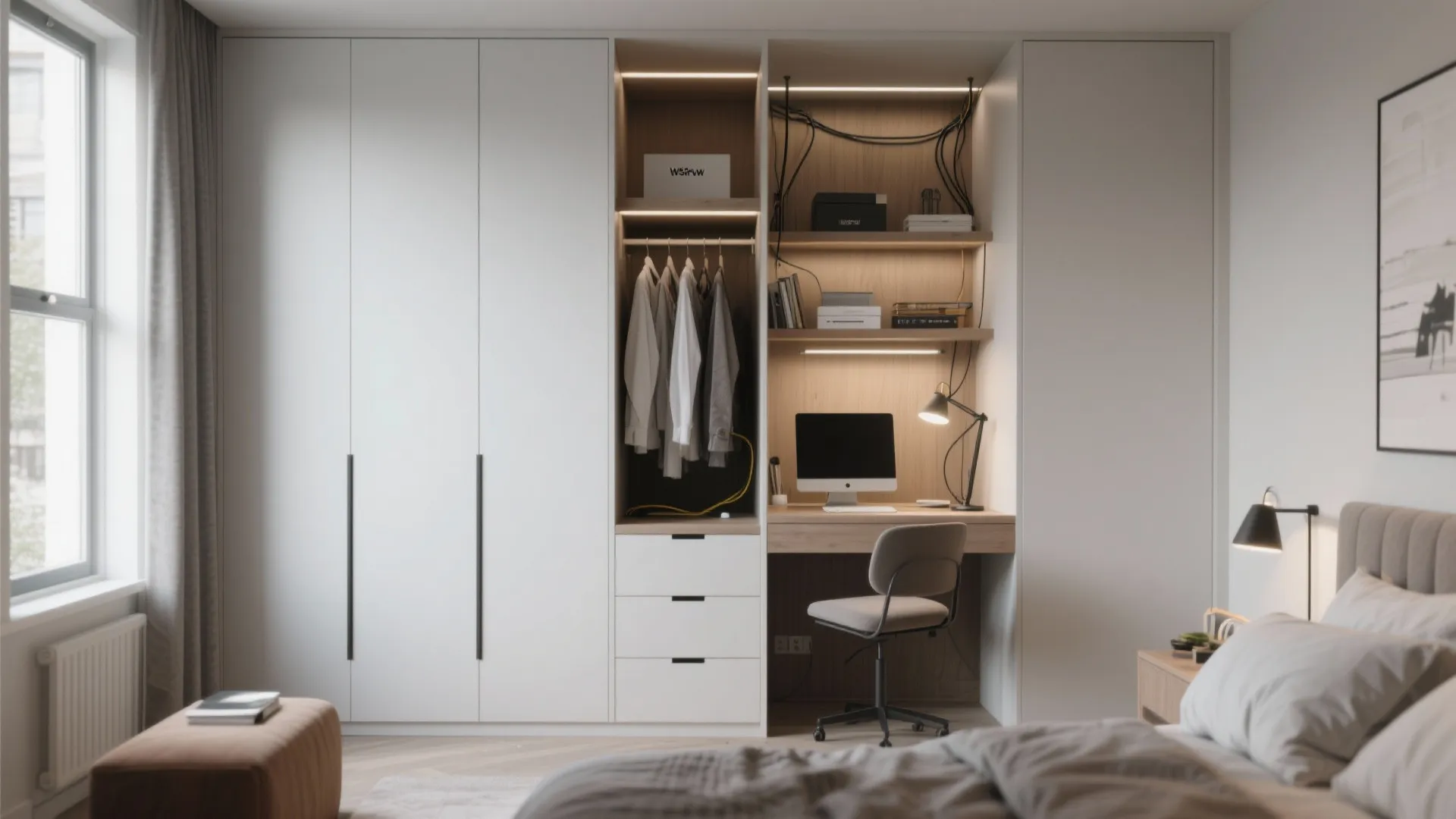 Wardrobe with integrated workspace