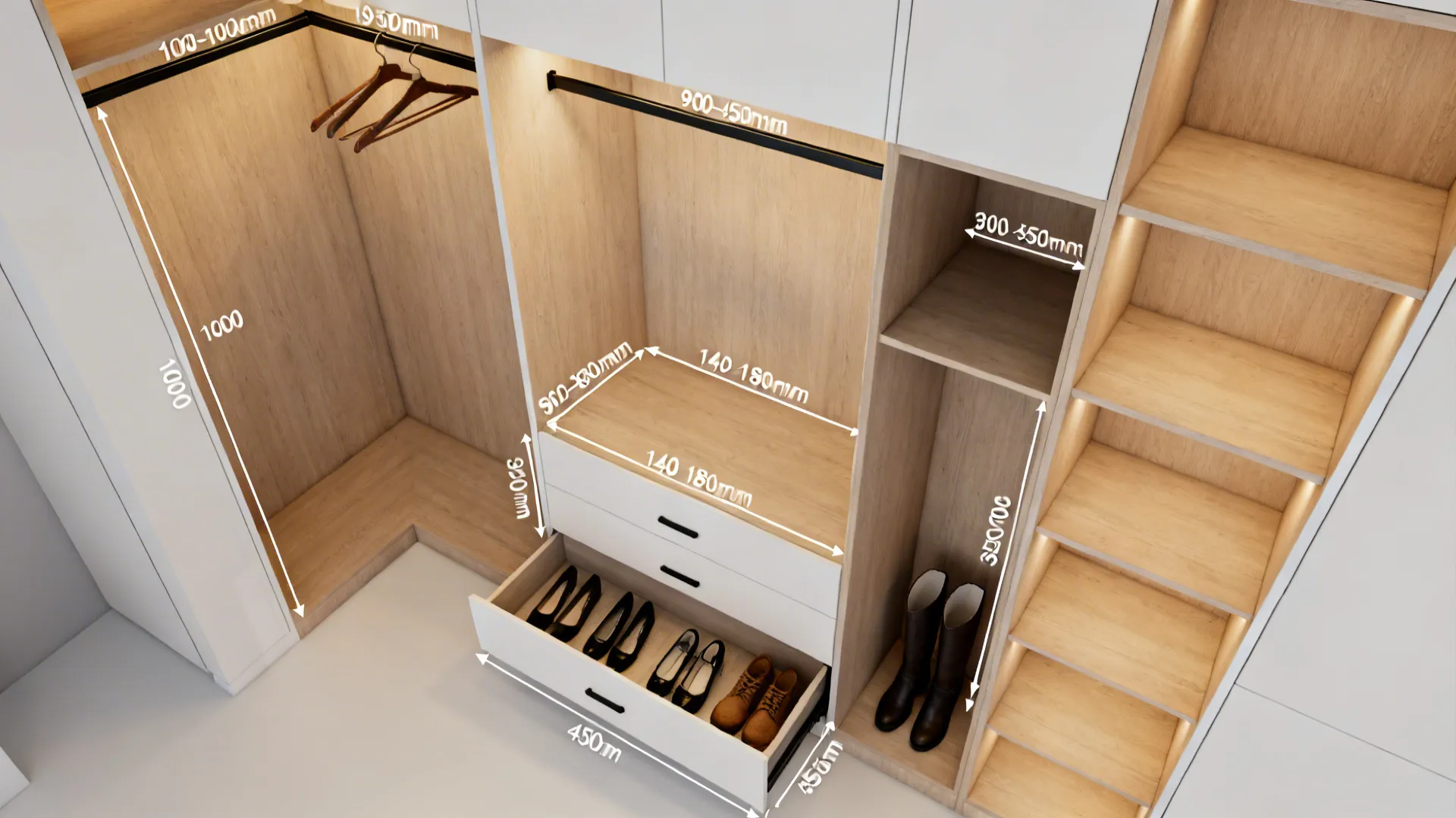 Top-down view of organized wardrobe internals with dual rails, drawers, and shoe pull-out.