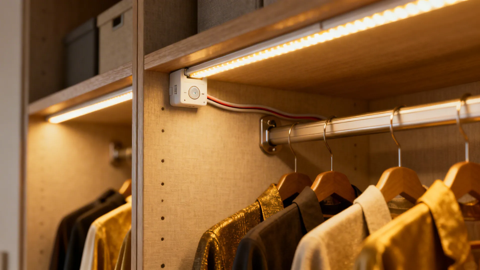 Integrated LED strip lighting inside a fitted wardrobe illuminating clothes with warm, even light.