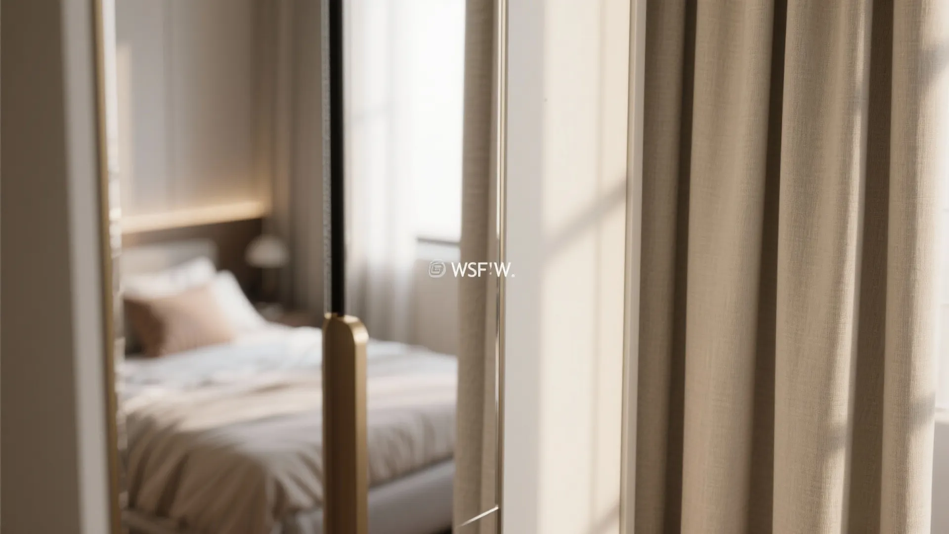 Close up view of beige curtain and gold handle with a blurry bedroom in background