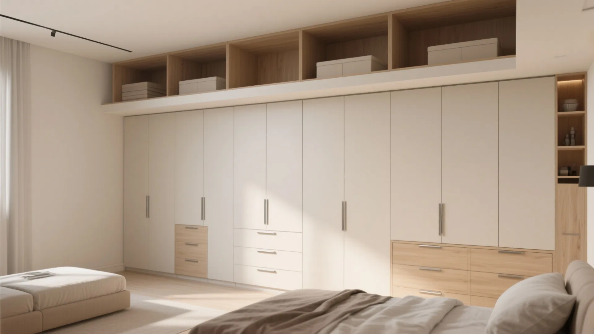 4) Wall-to-Wall Wardrobes with Loft + A Slim Mudroom Niche
