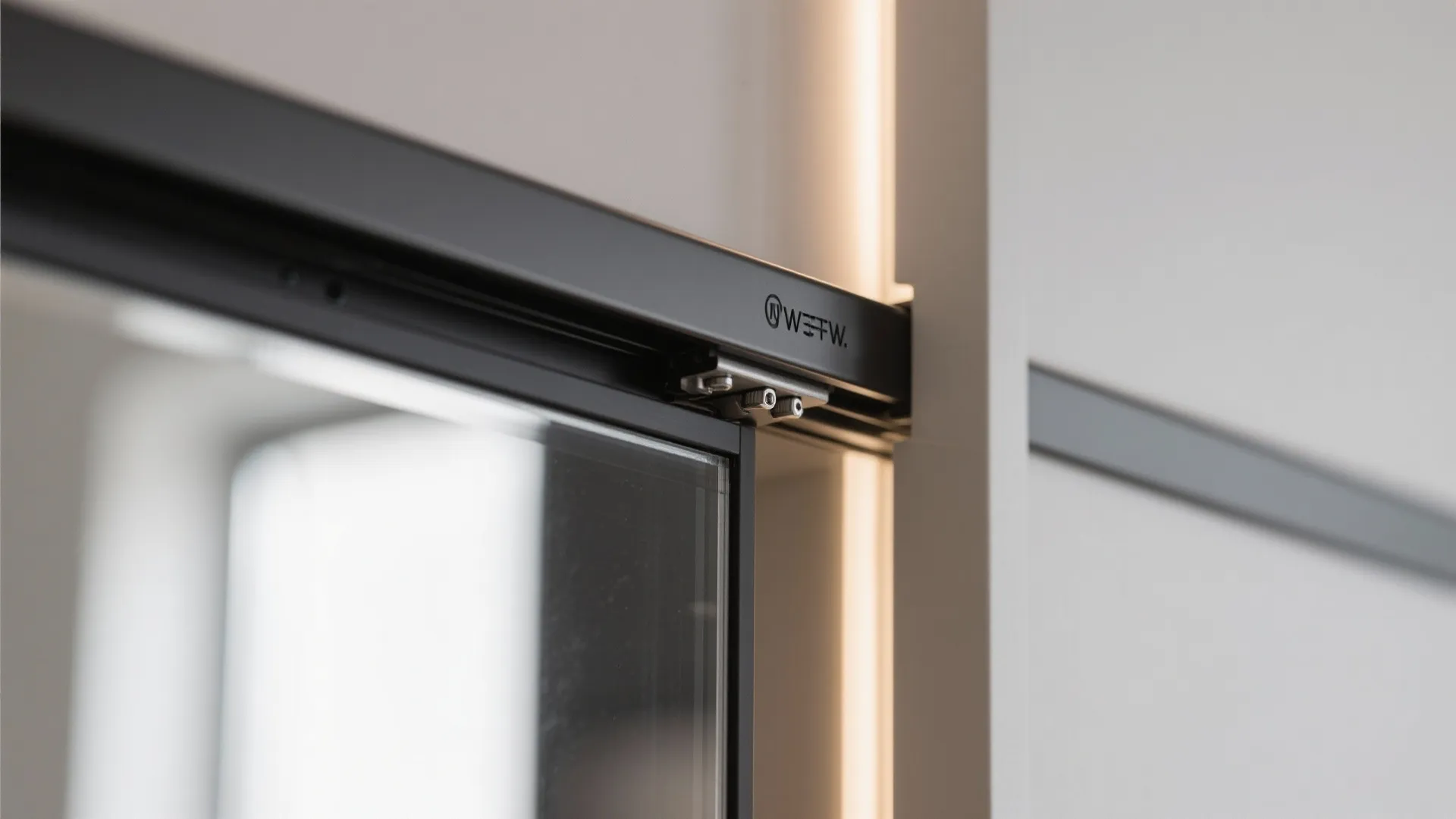 Bedroom built-ins: platform bed, sliding wardrobes, and mirrors