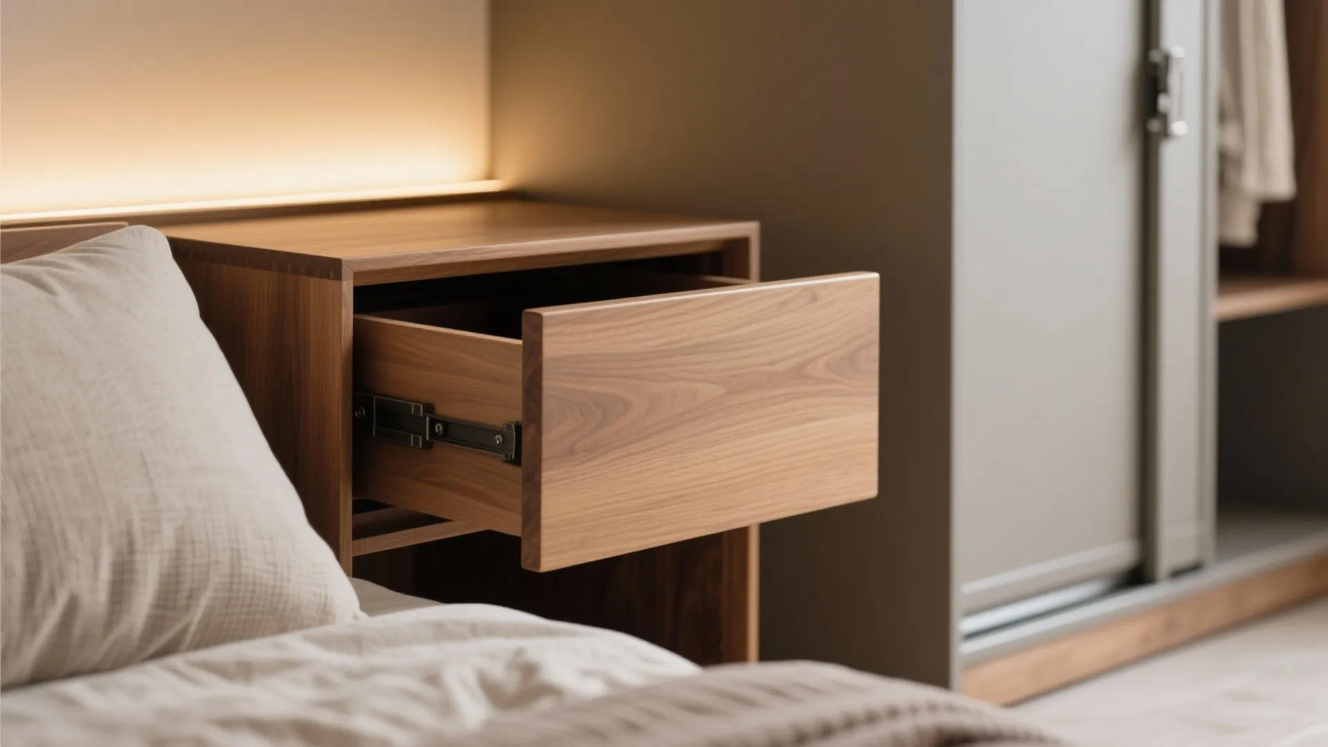 Bedroom Calm: Platform Bed, Sliding Wardrobe, and Soft Light