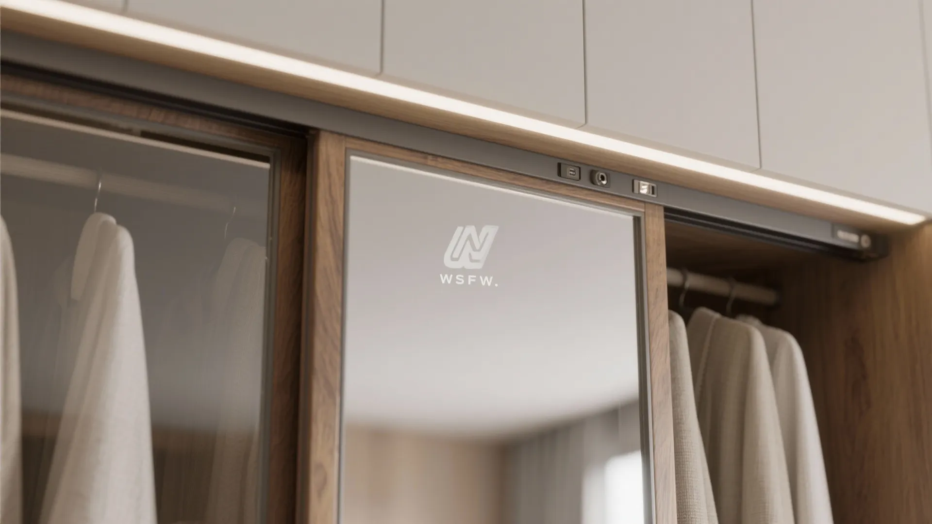 Macro of mirrored sliding wardrobe door with soft-close track and LED lighting on oak veneer edge.
