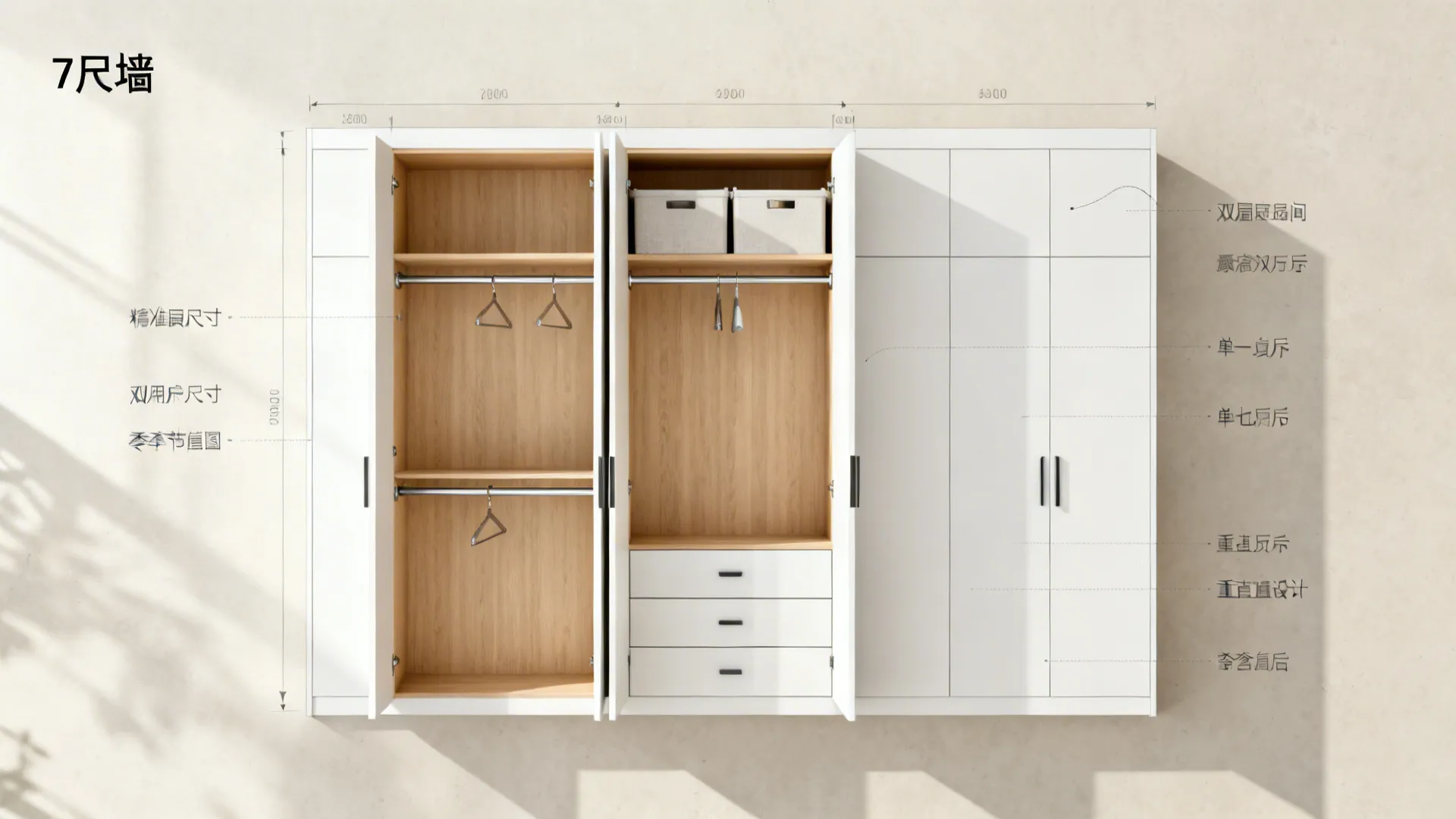 Top-down 2D-style wardrobe layout showing zones for hanging, drawers, and bins with clearances.