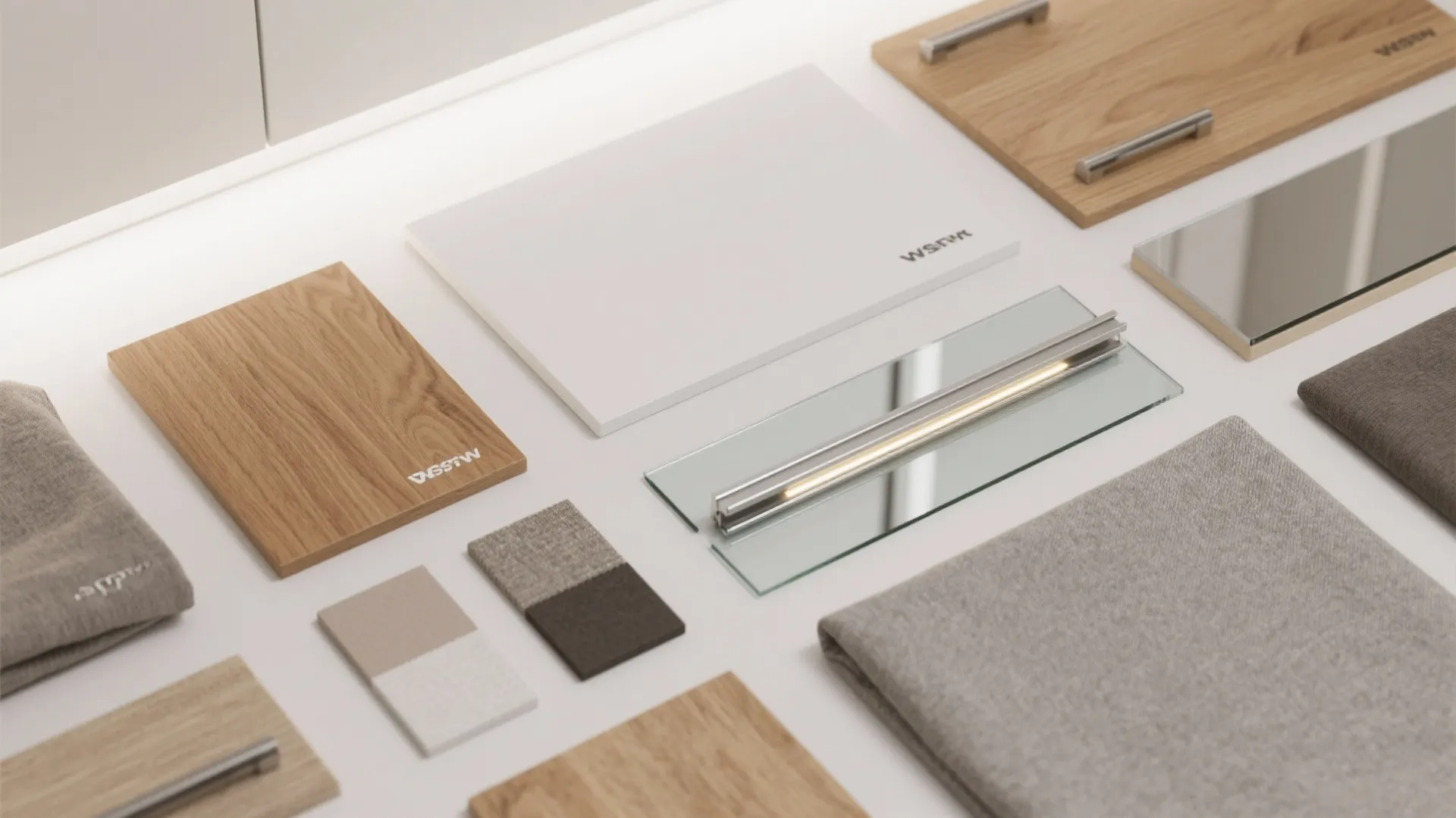 Interior design material board with wood samples grey fabric pieces glass plates and metal handles