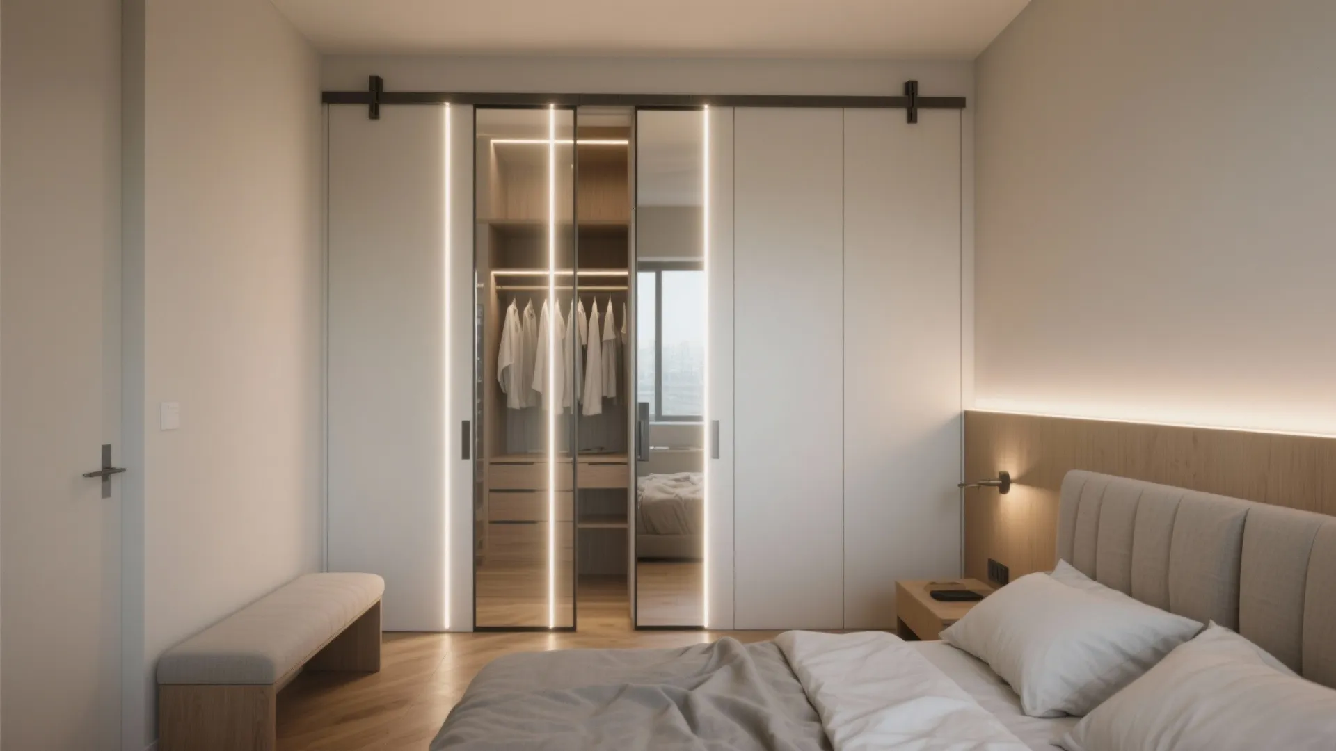 Mirrored wardrobe doors with integrated lighting