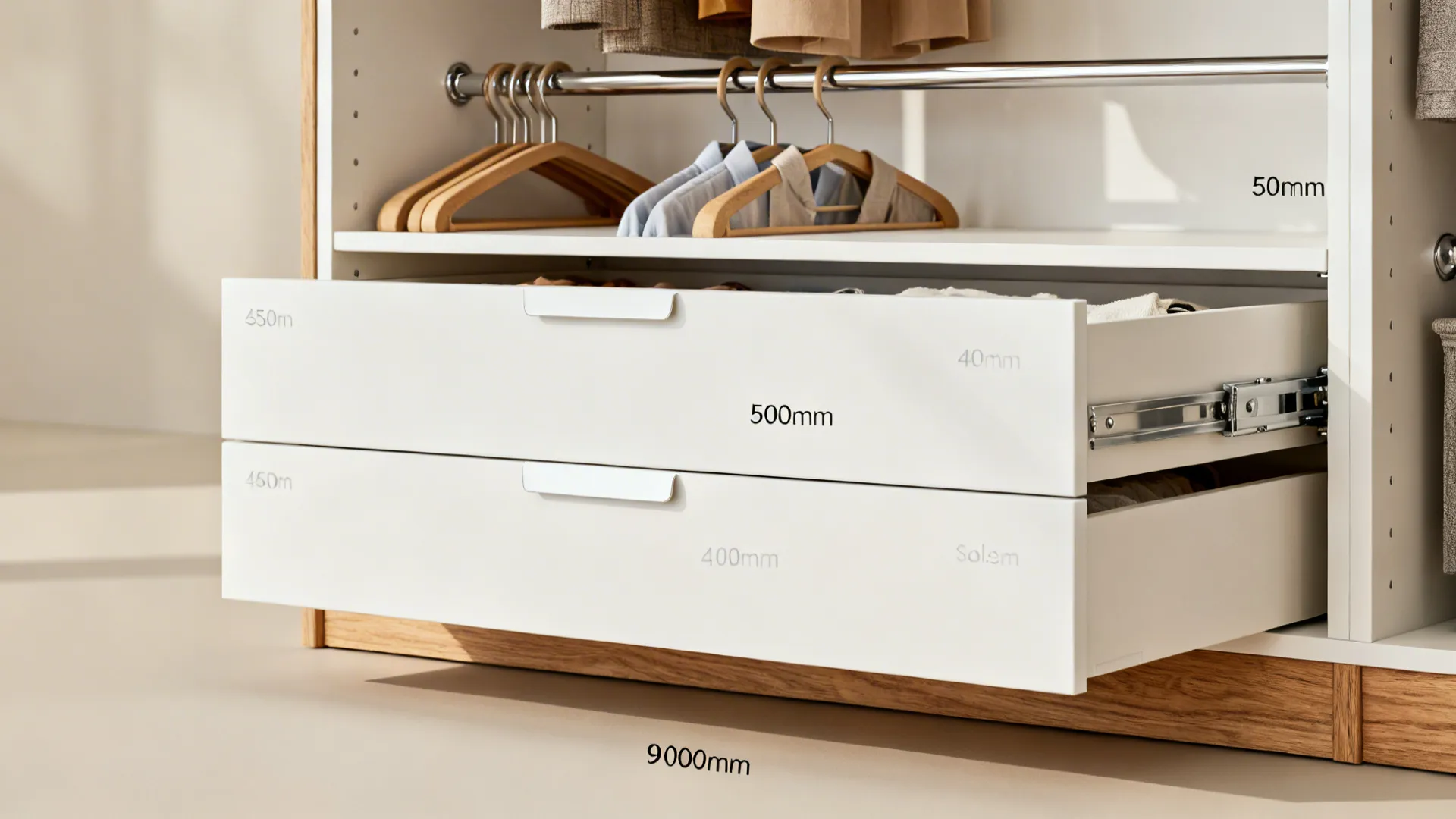 Minimalist wardrobe interior with double hanging sections and organized drawers.