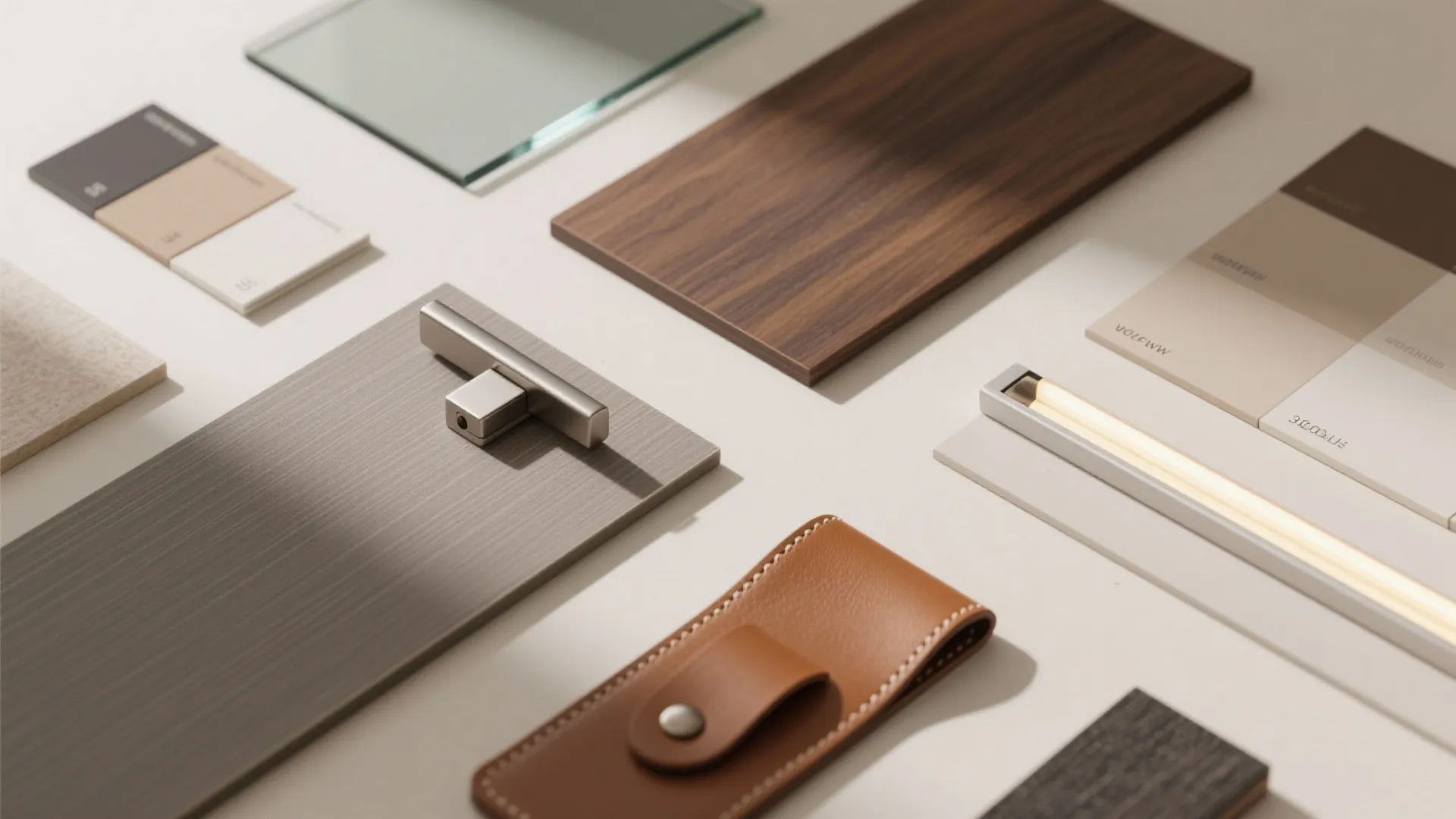 Interior design material samples including wood paneling color swatches leather fabric glass and light fixture