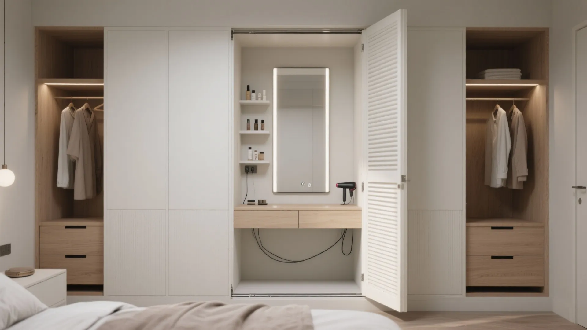 White built-in wardrobe with hidden makeup desk mirror shelves hair dryer and wooden storage drawers