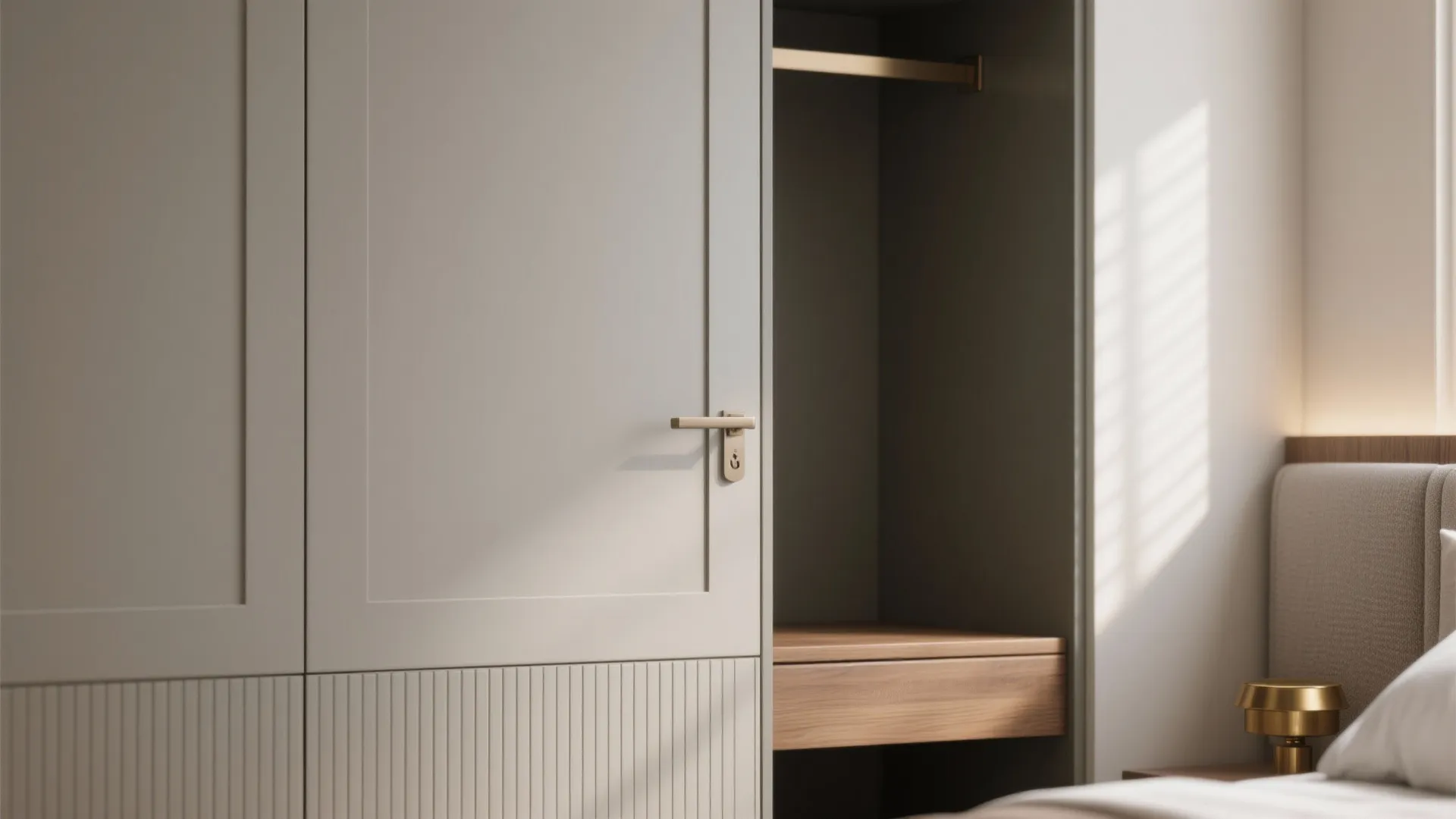 Quiet bedroom palettes with smart wardrobe integration