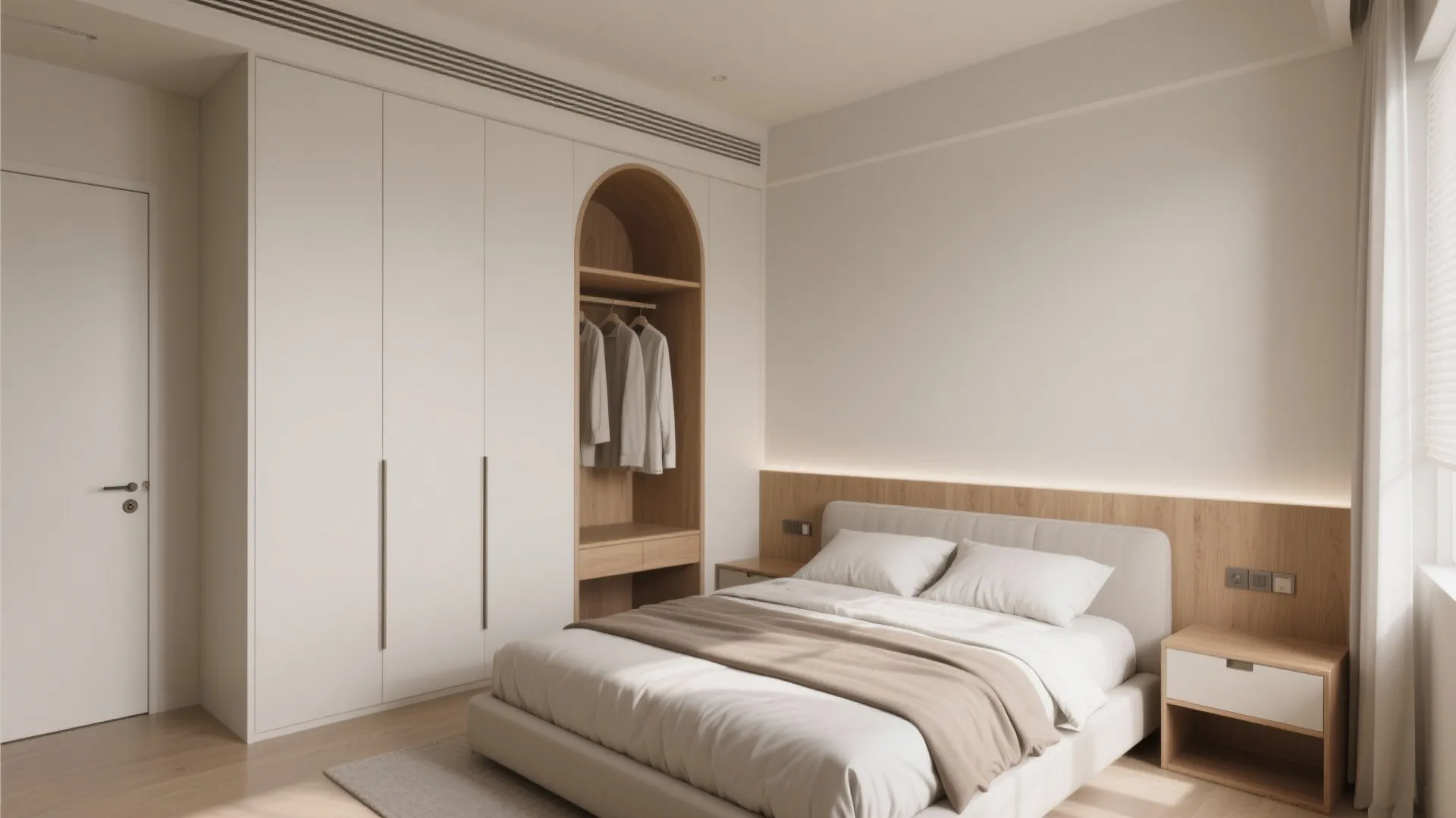 5) Built-In Wardrobe Niche + Rounded Corners to Save Inches