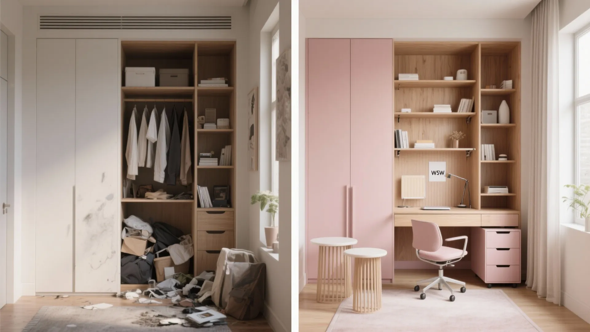 Before and after comparison of a messy open closet versus a clean pink home office