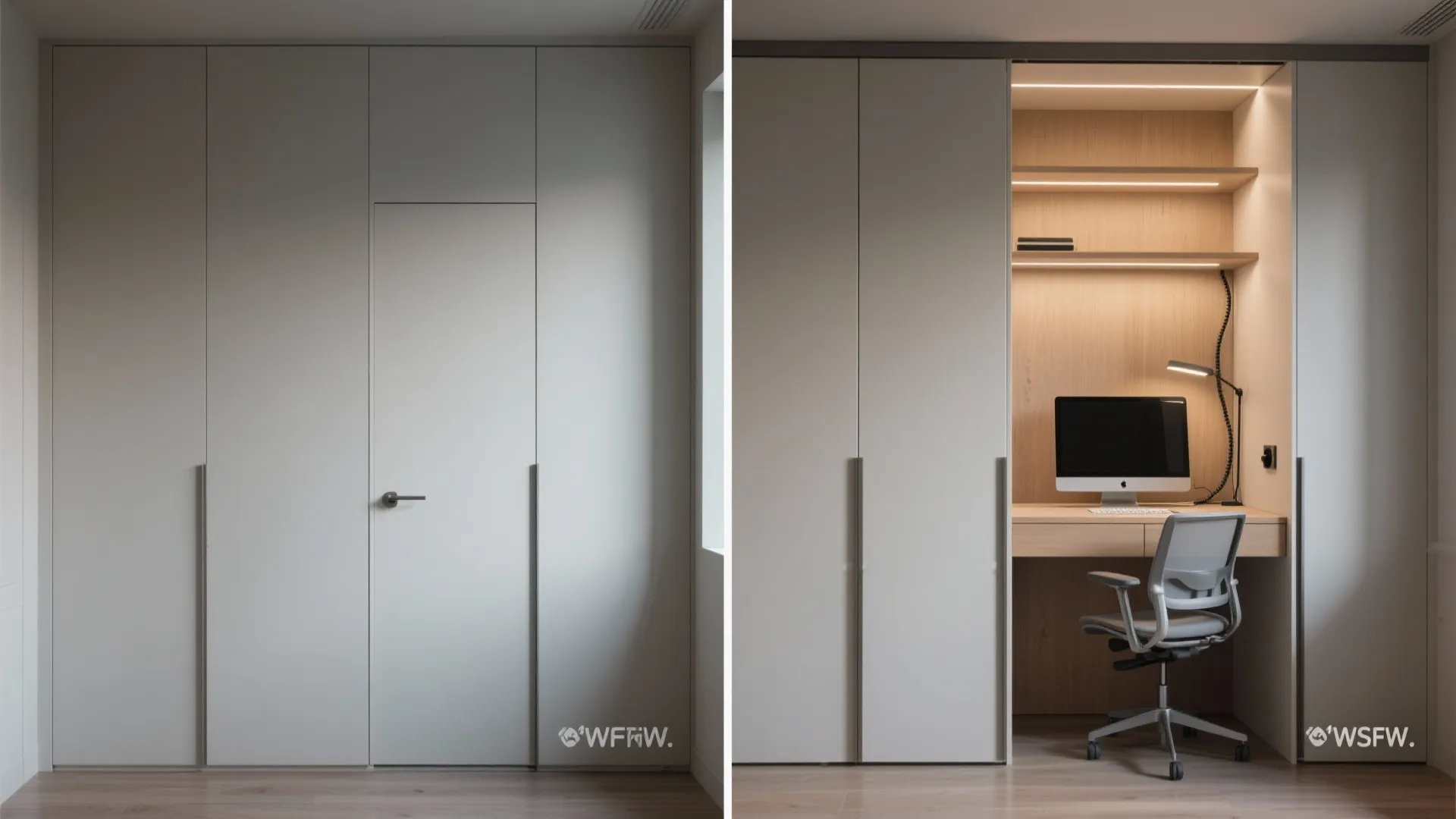 Before-and-after wardrobe office: closed doors and opened closet revealing a hidden desk with task lighting and cable management.