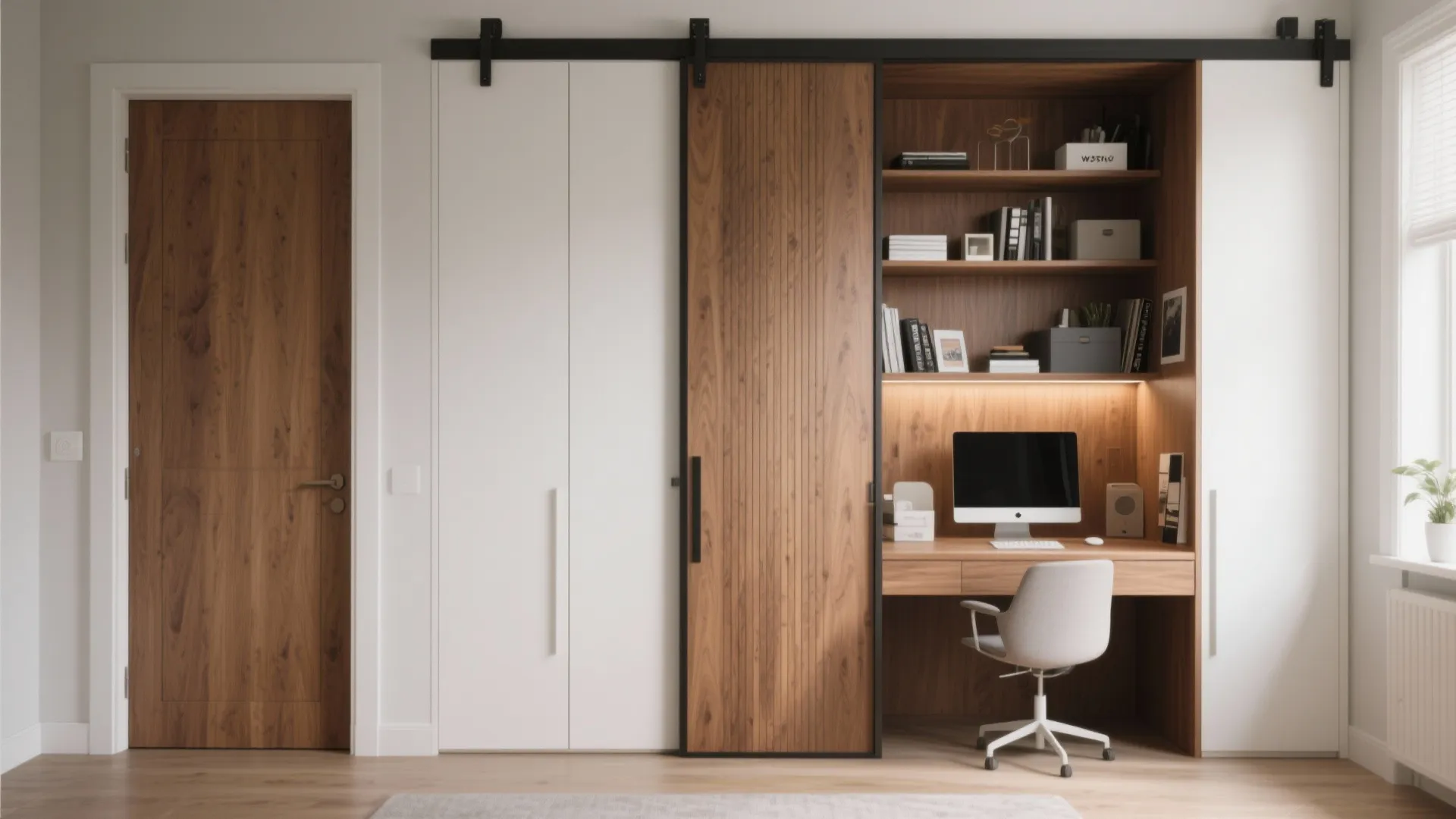 Before and after transformation of closet into hidden office space