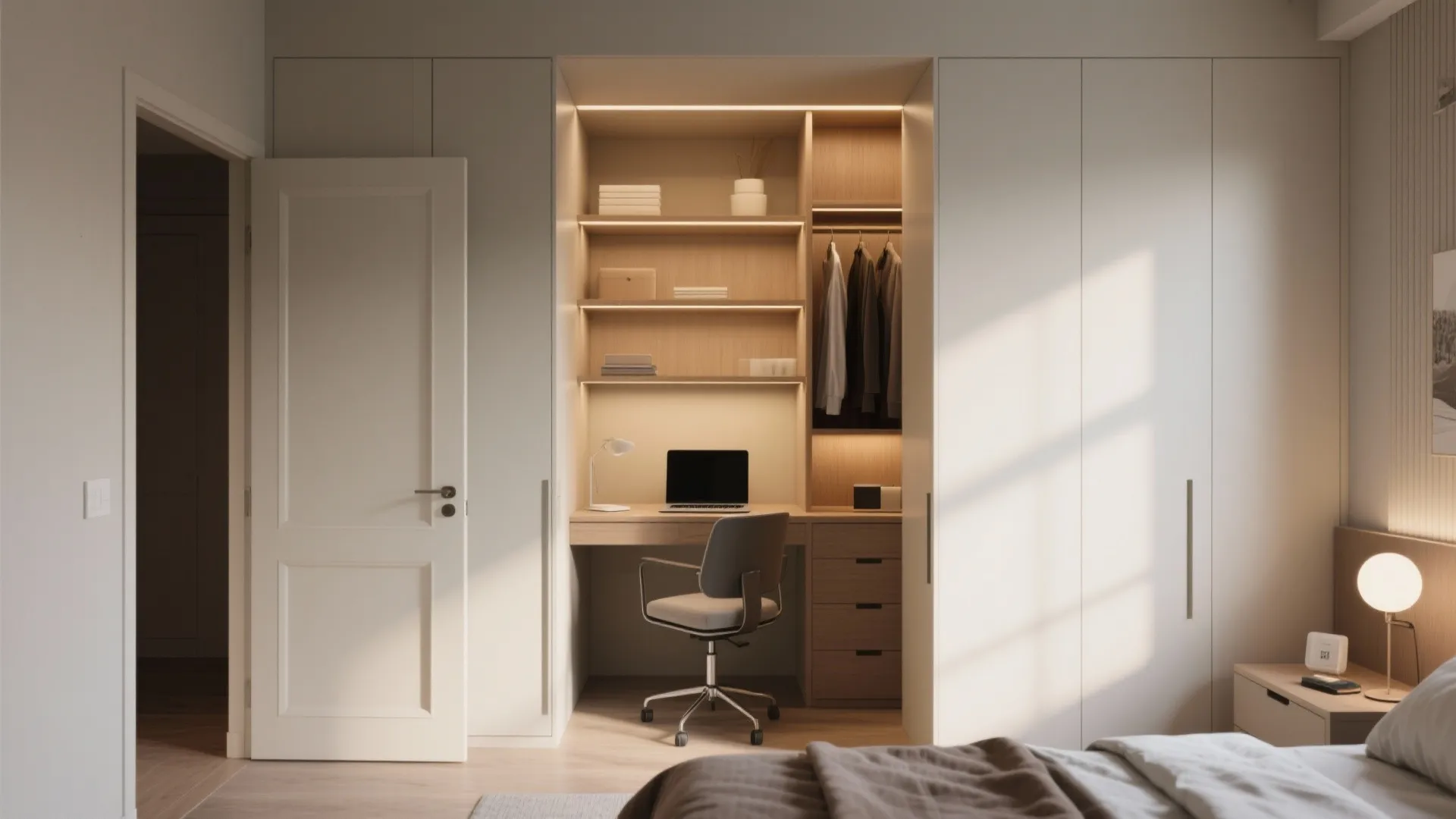Built-in bedroom cabinet featuring a compact study desk with laptop and chair in small nook