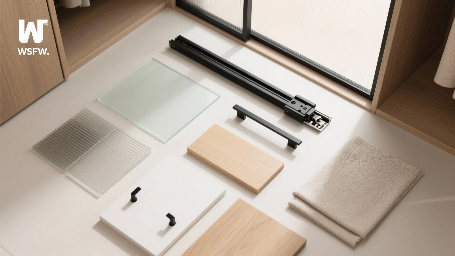 Collection of interior design materials including wood samples glass panels black handles and fabric swatches