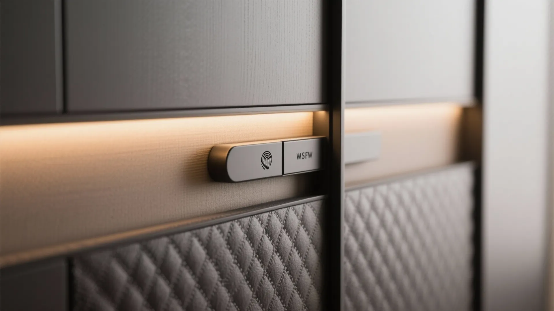 Close up of a smart cabinet handle with fingerprint scanner built in lighting and leather