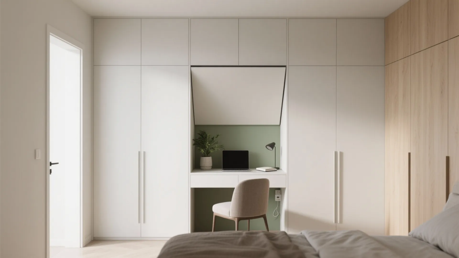 Idea 2: Wall-to-wall wardrobe with a pocket desk