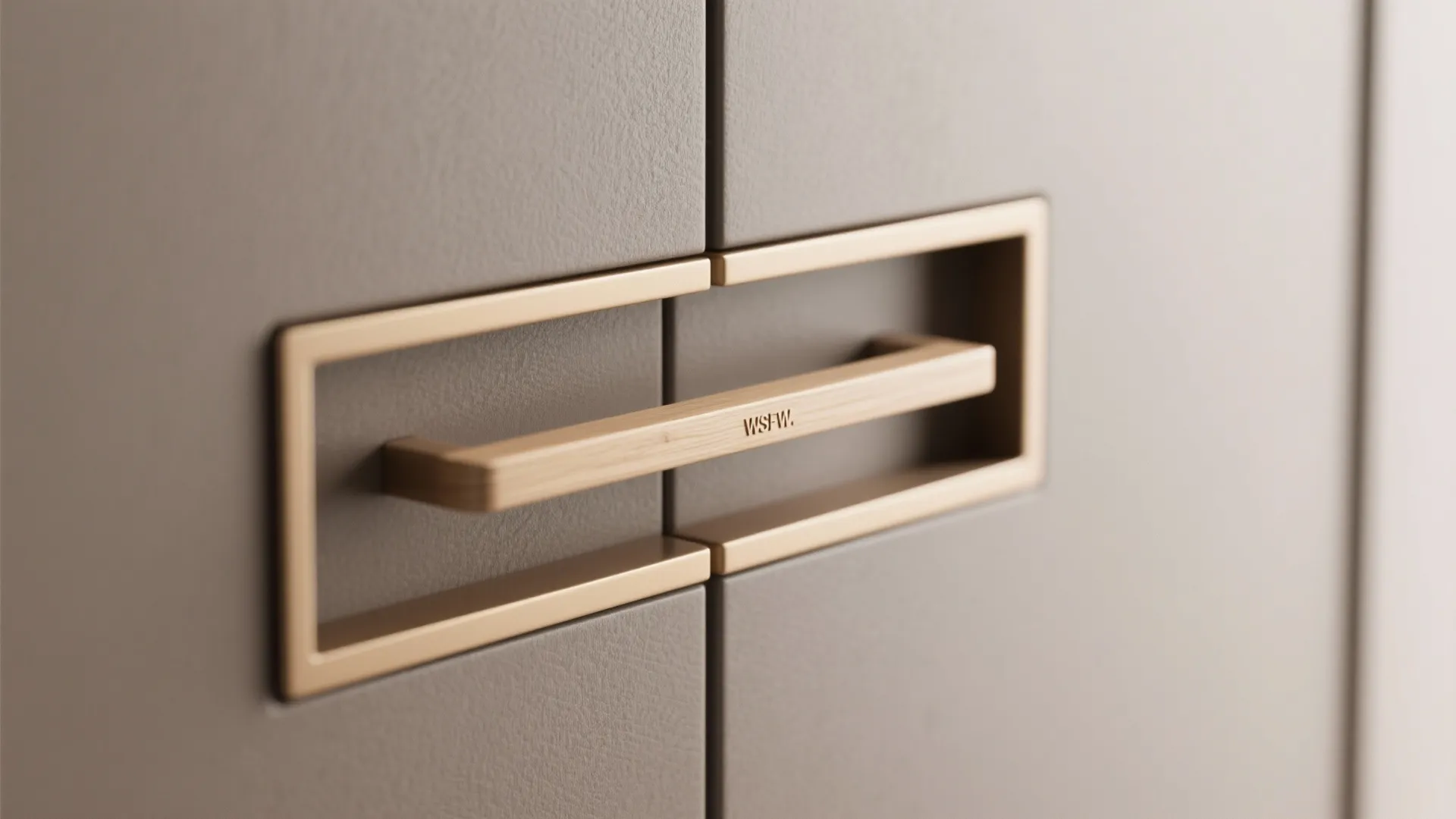 Modern gold door handle on a grey textured wardrobe cabinet door in a minimalist bedroom