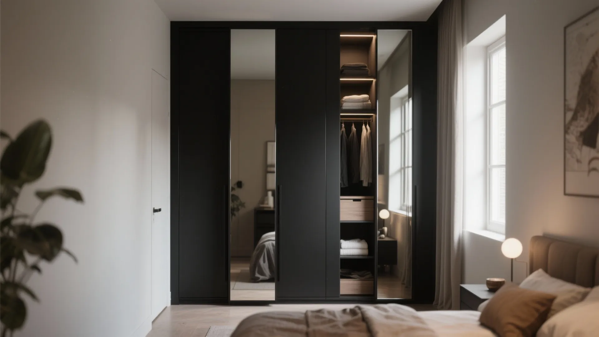 Modern black closet with large mirrors and built in lights showing neatly organized clothes and drawers