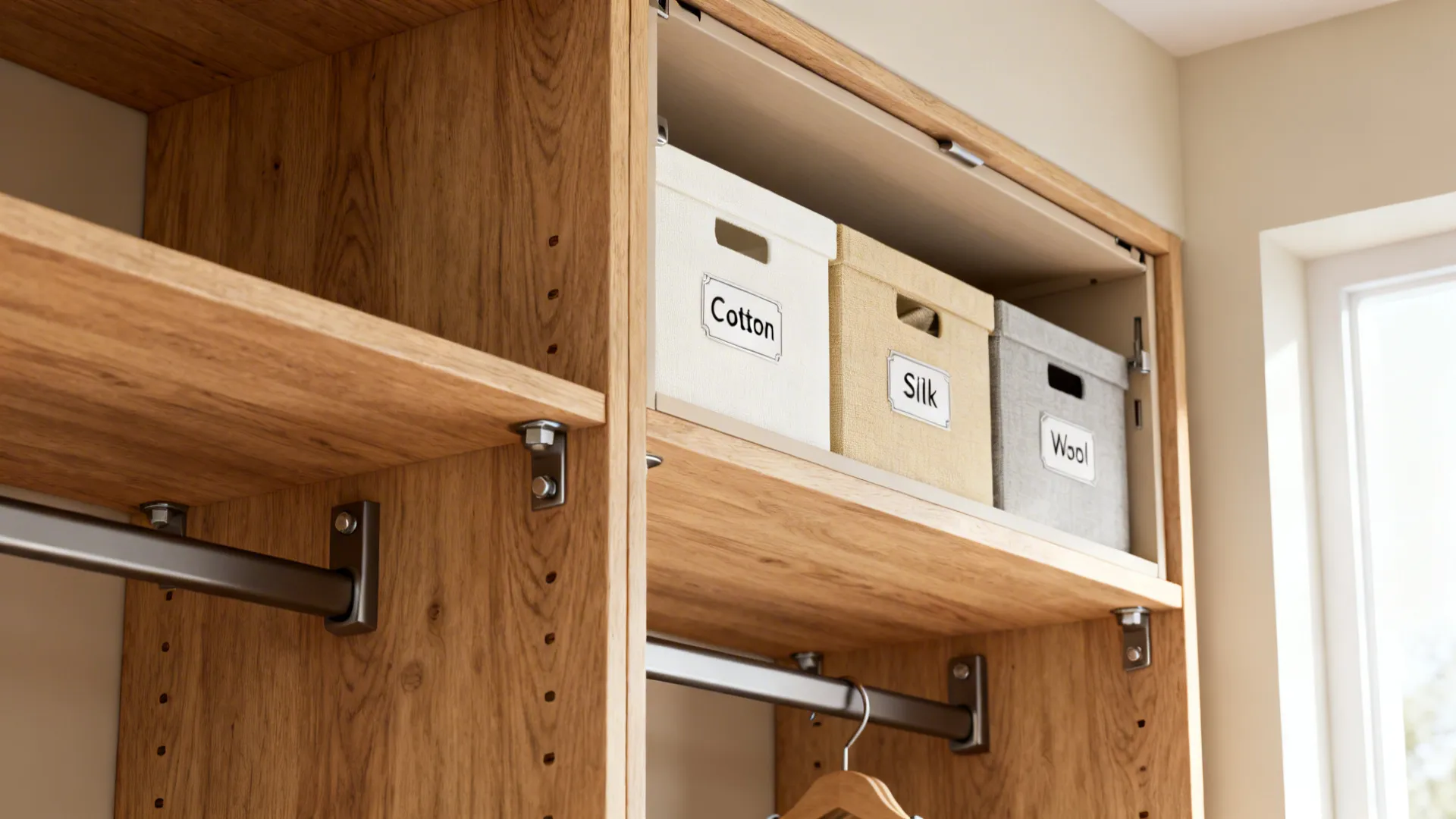 Close-up of wardrobe interior showing adjustable shelves, double hanging rails and a top tuck-away with storage boxes.