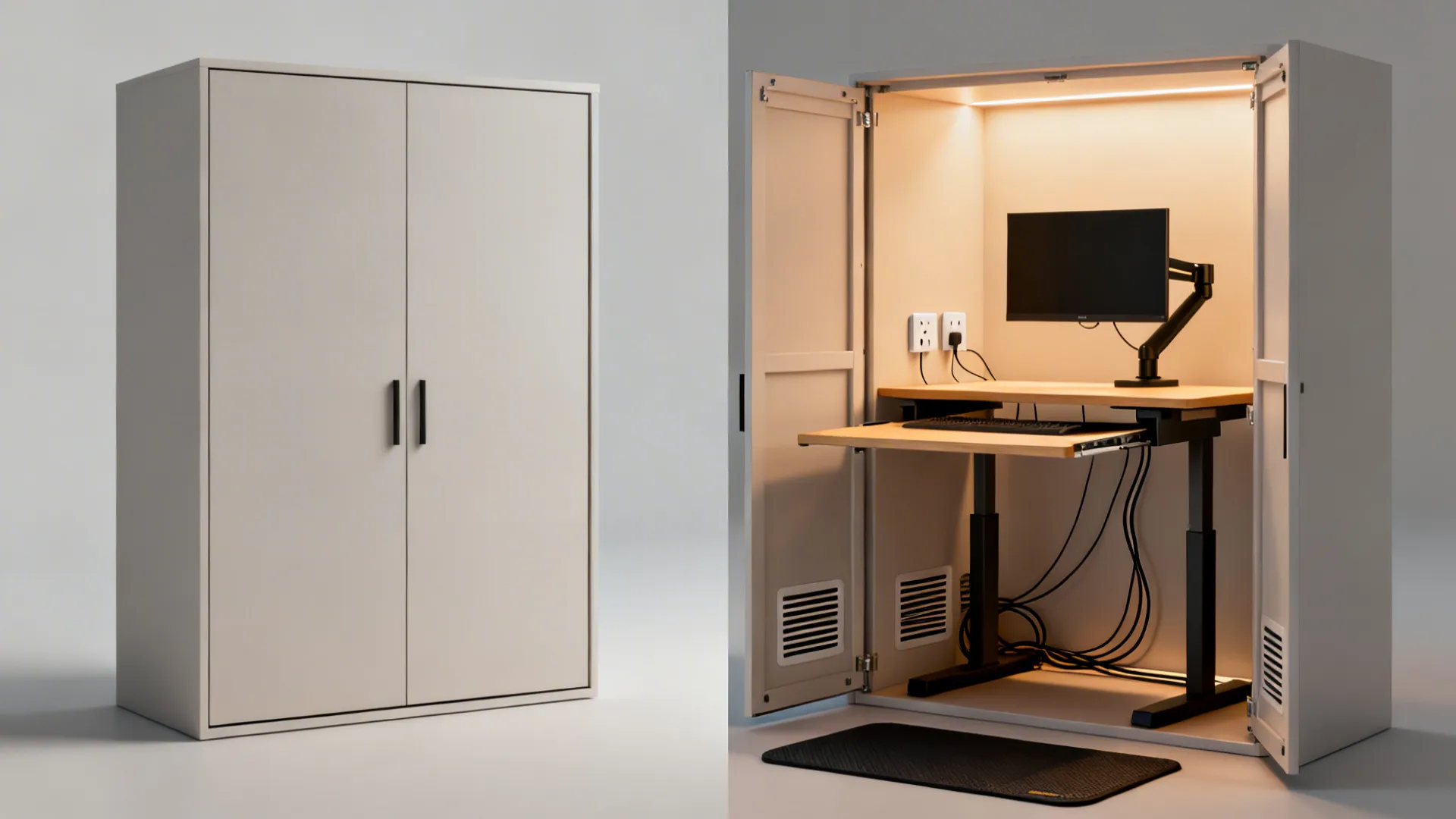 Wardrobe converted into a compact standing desk with pull-out board, outlets and ventilation