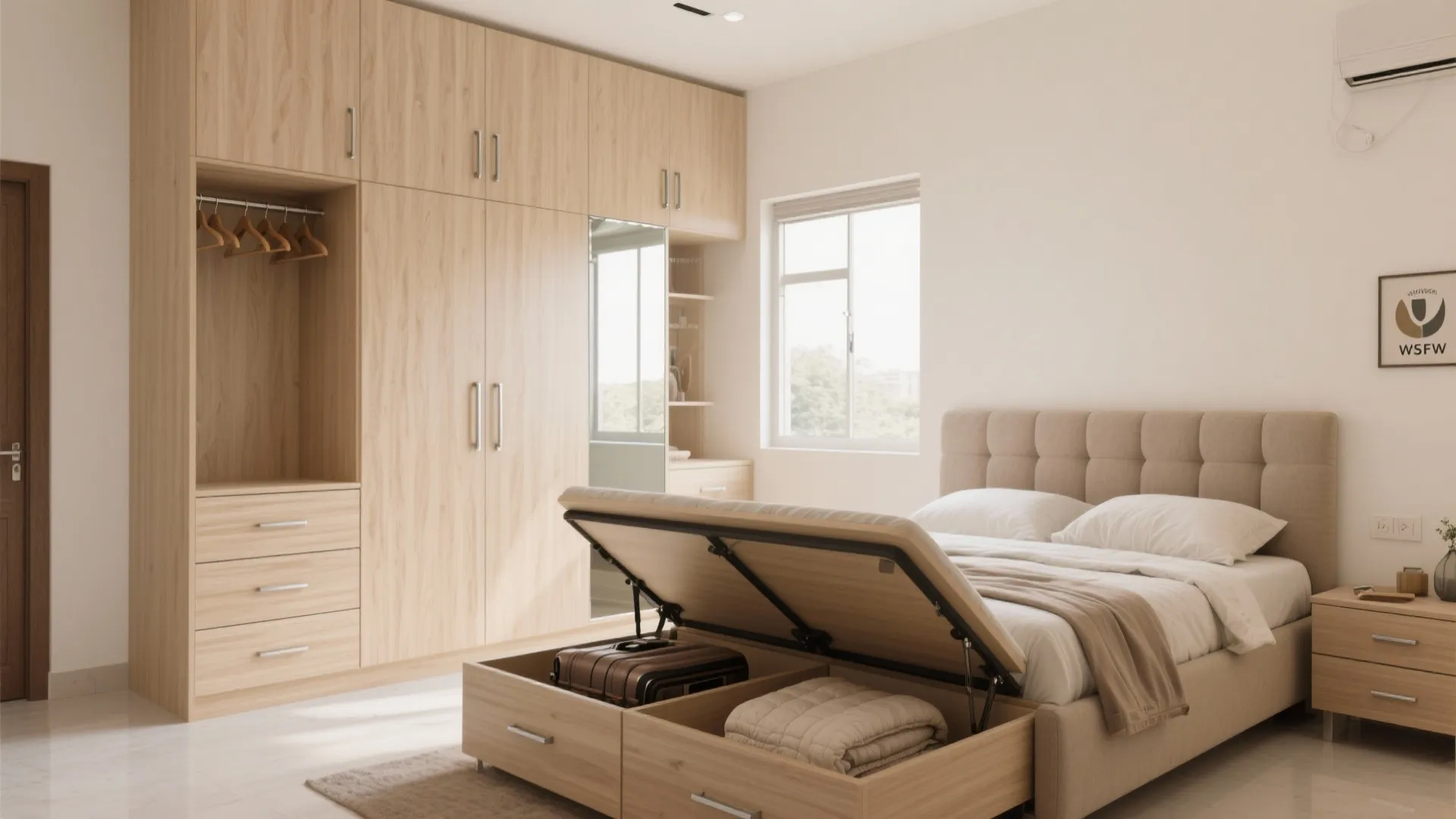 Wardrobe wall and storage bed for narrow bedrooms