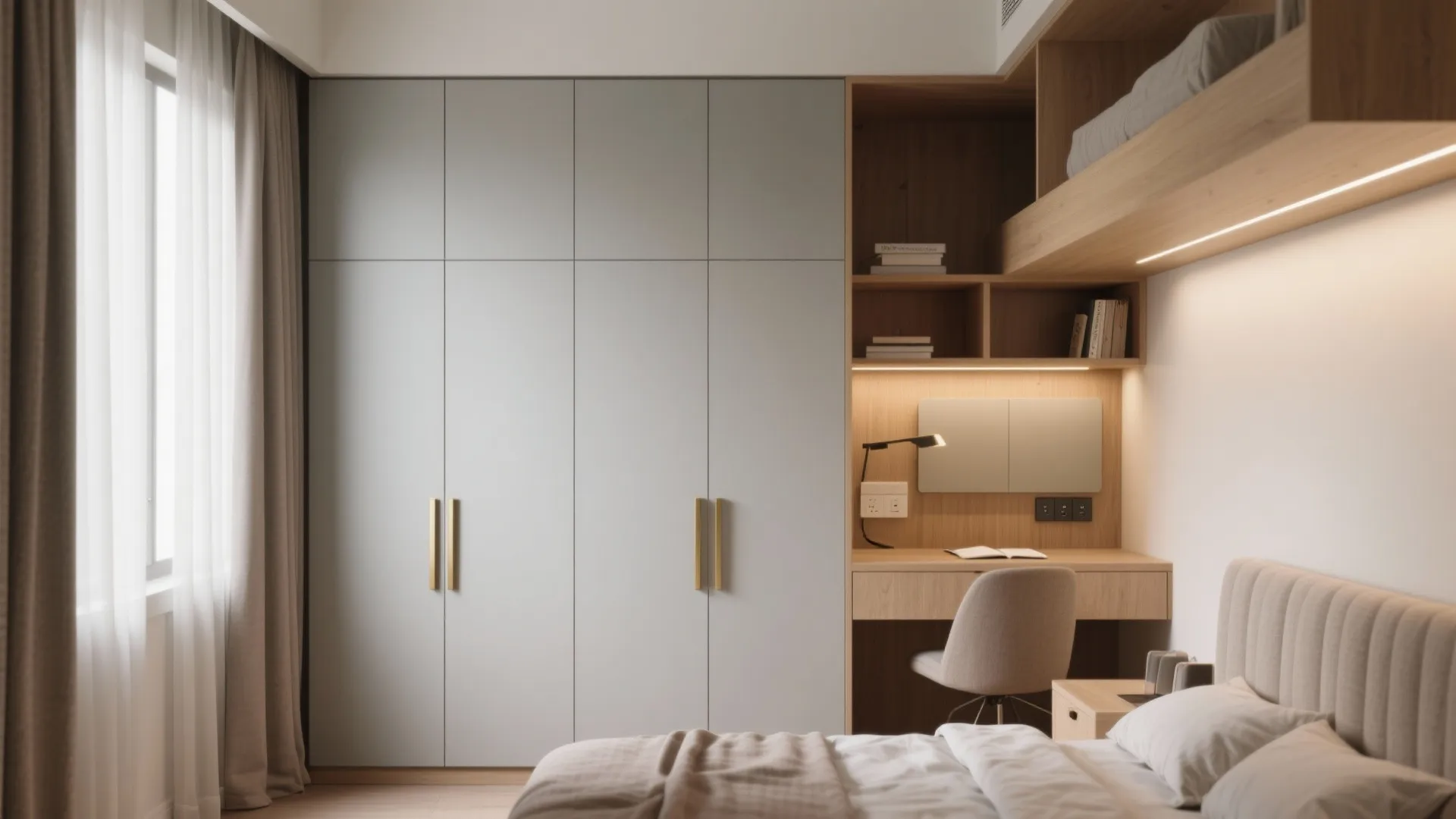 Idea 4: Bedroom That Multitasks—Wardrobe Wall + Study Niche