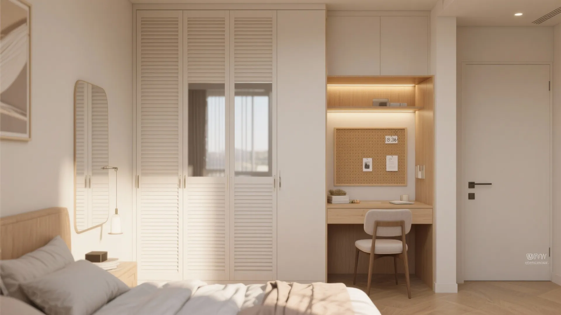 White built-in bedroom wardrobe with integrated wooden desk chair wall light and mirror in daylight